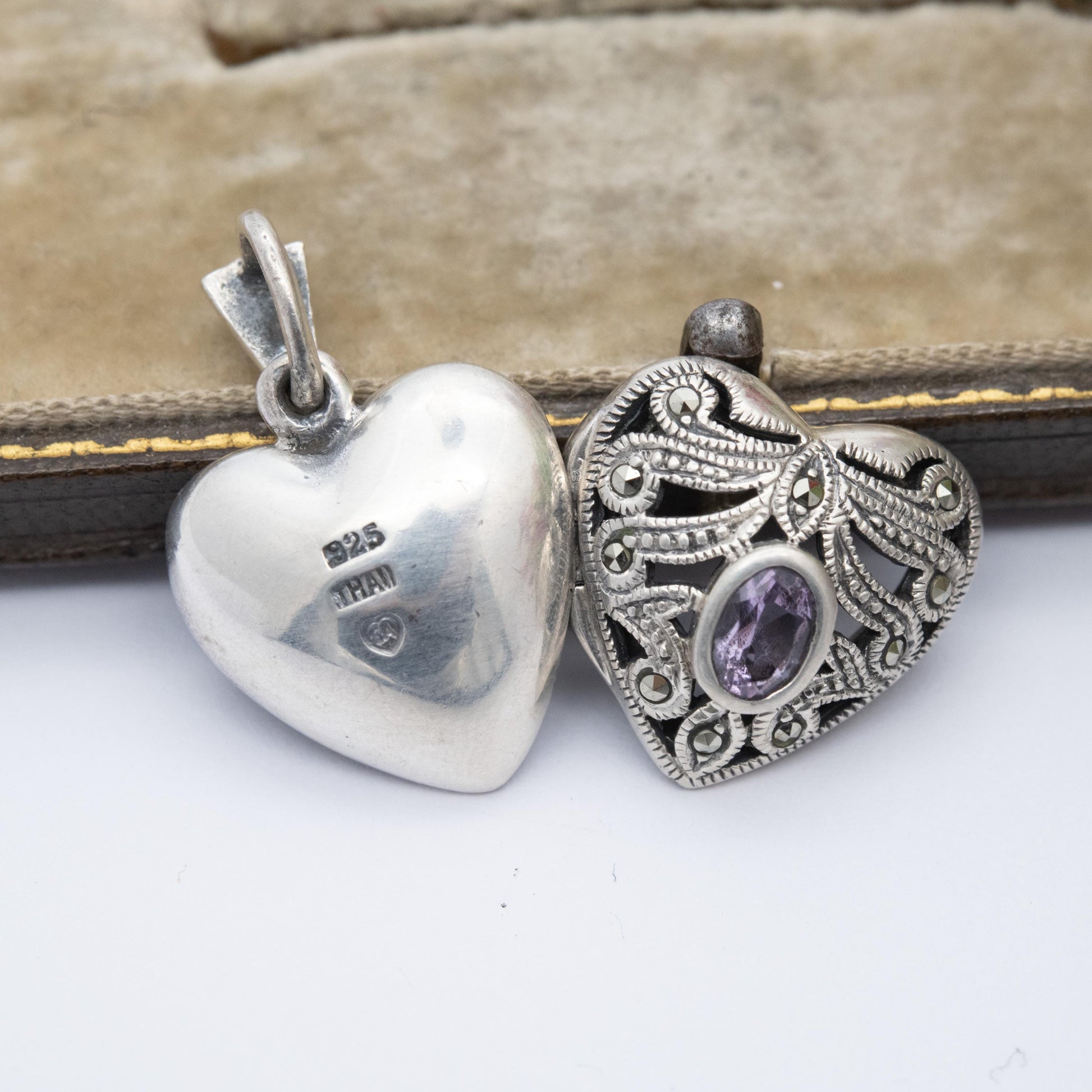 Sterling Silver Marcasite & Amethyst Heart Locket Pendant - Thai | Ornate | Love Heart | Pretty Gift for Her Necklace