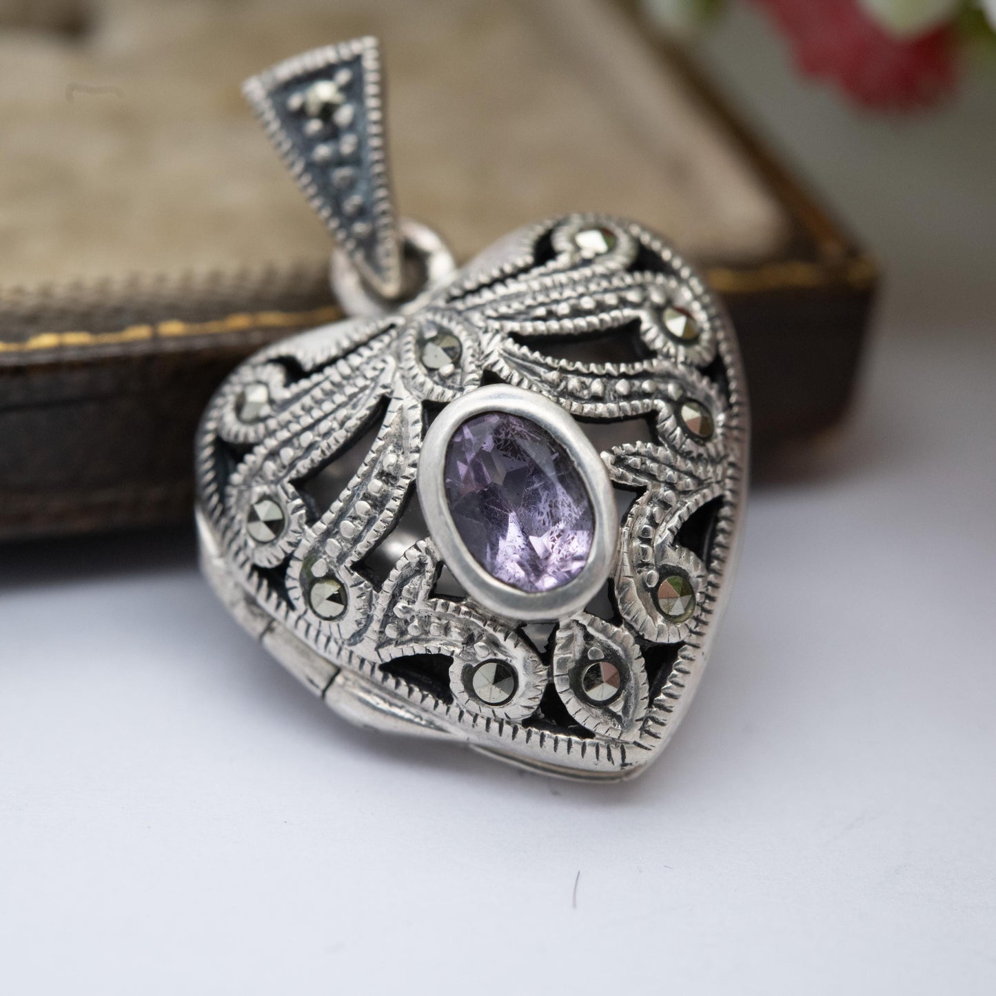 Sterling Silver Marcasite & Amethyst Heart Locket Pendant - Thai | Ornate | Love Heart | Pretty Gift for Her Necklace