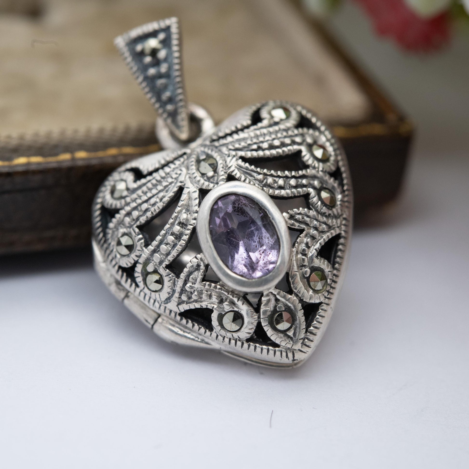 Sterling Silver Marcasite & Amethyst Heart Locket Pendant - Thai | Ornate | Love Heart | Pretty Gift for Her Necklace