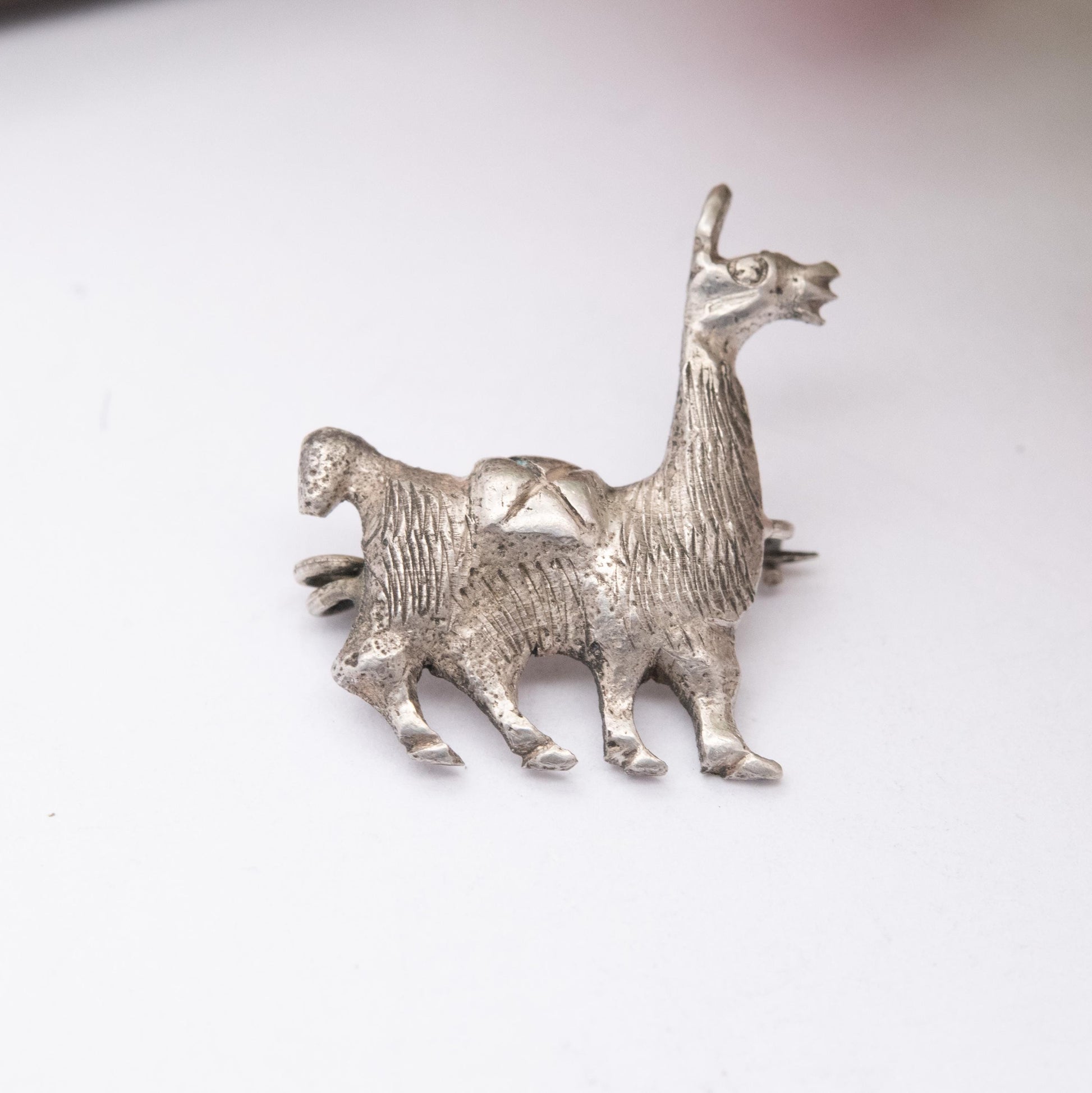 Vintage Silver Llama Brooch - Peru Silver Animal | Textured Silver Alpaca and Saddle | Souvenir Gift