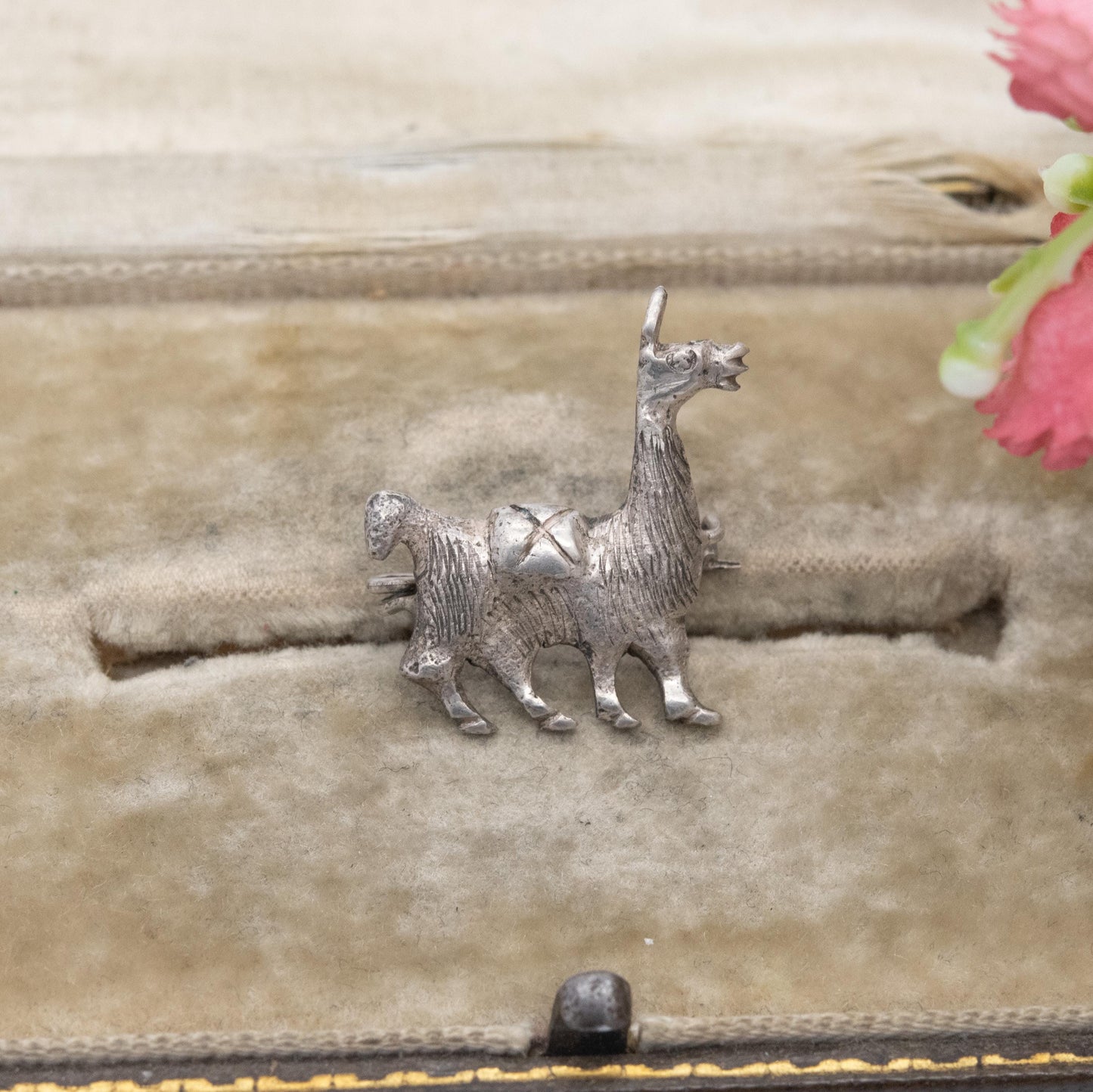 Vintage Silver Llama Brooch - Peru Silver Animal | Textured Silver Alpaca and Saddle | Souvenir Gift