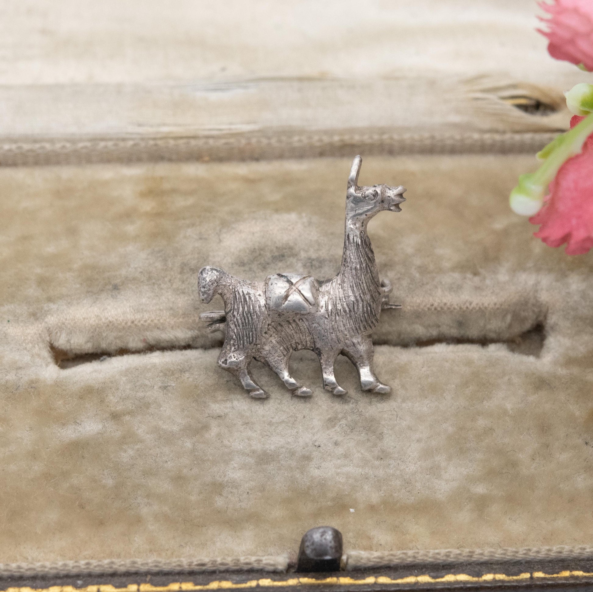 Vintage Silver Llama Brooch - Peru Silver Animal | Textured Silver Alpaca and Saddle | Souvenir Gift