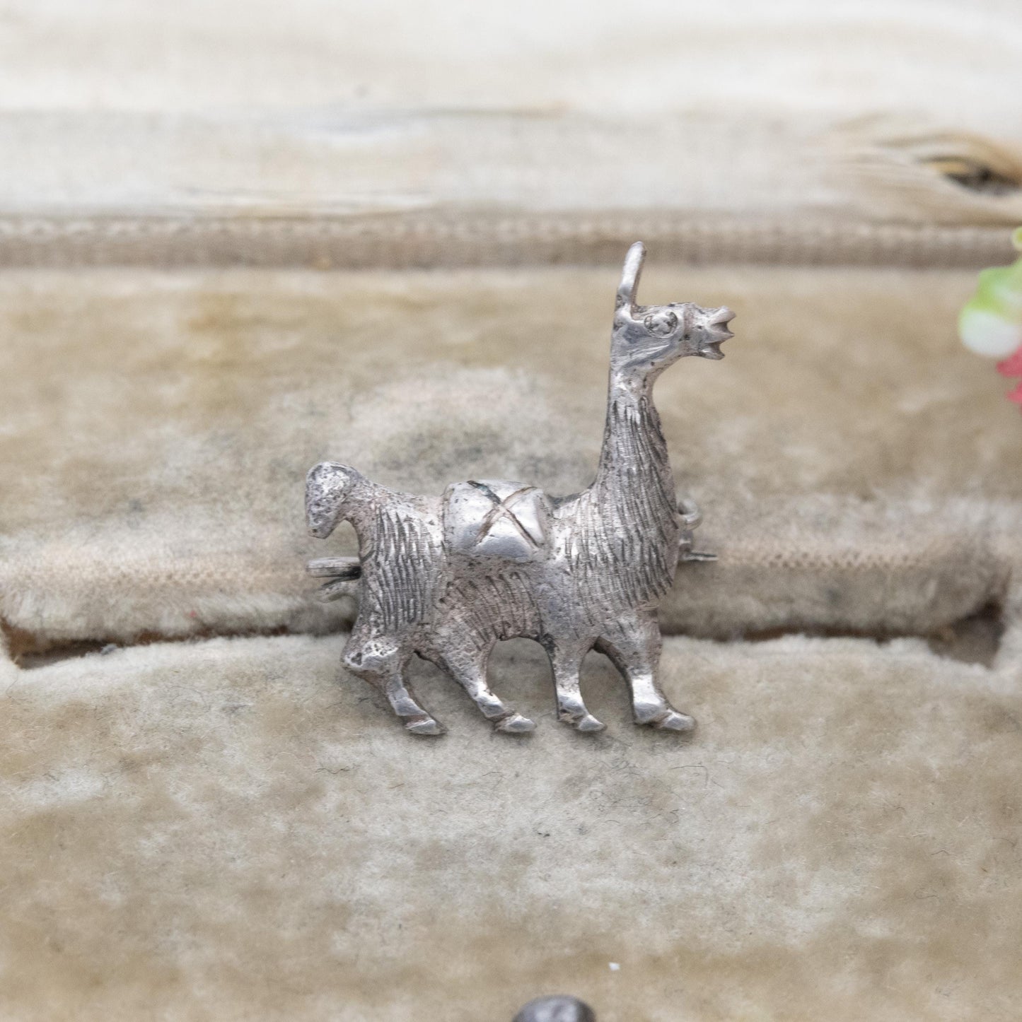 Vintage Silver Llama Brooch - Peru Silver Animal | Textured Silver Alpaca and Saddle | Souvenir Gift