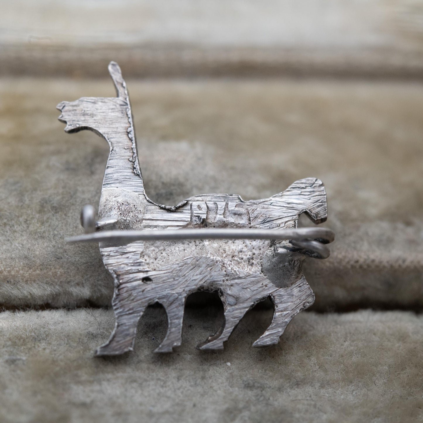 Vintage Silver Llama Brooch - Peru Silver Animal | Textured Silver Alpaca and Saddle | Souvenir Gift