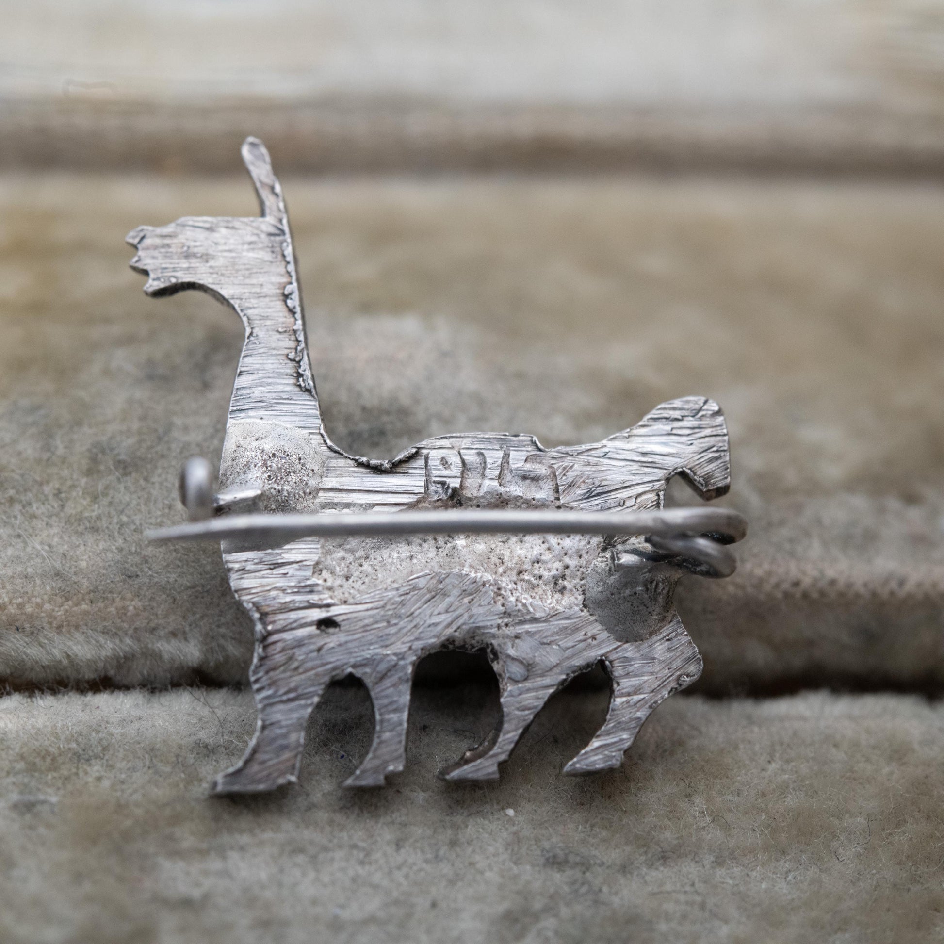 Vintage Silver Llama Brooch - Peru Silver Animal | Textured Silver Alpaca and Saddle | Souvenir Gift