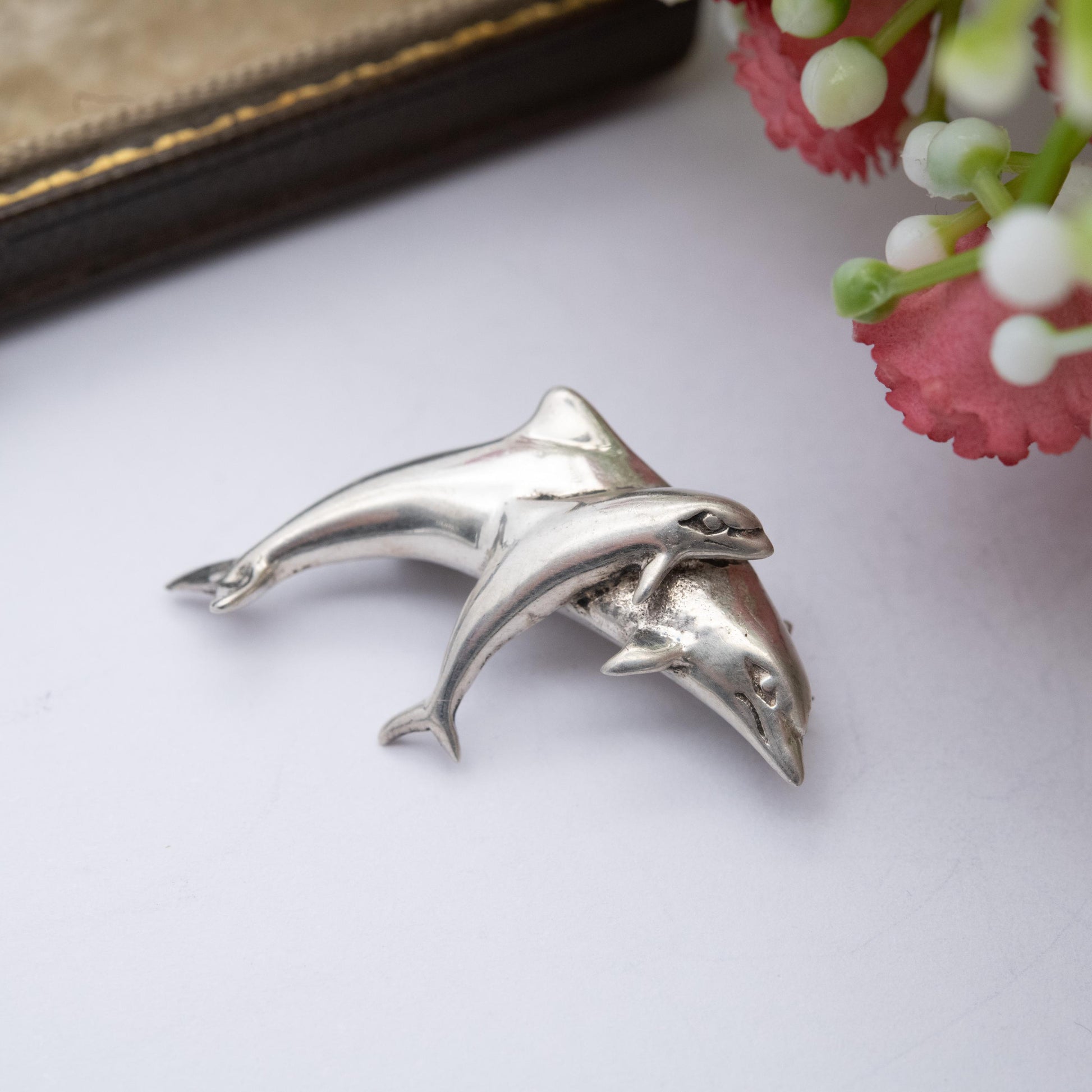 Vintage Sterling Silver Dolphins Brooch - Sea Life Jewellery | Gift for Animal Lover