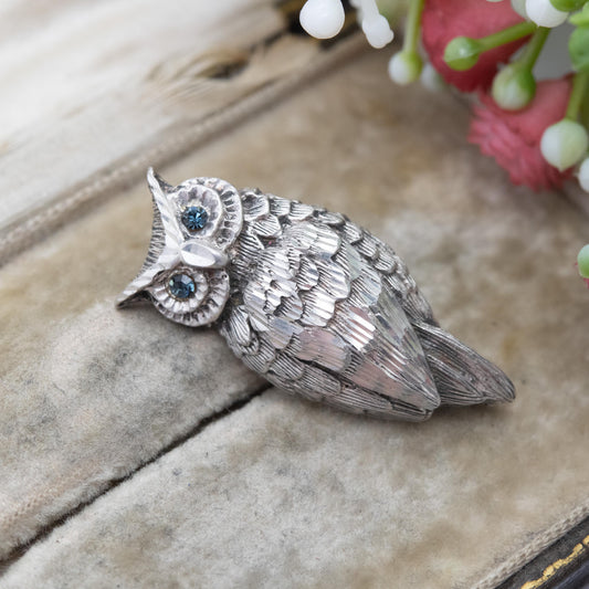 Vintage Sterling Silver Owl Brooch - Blue Stone Eyes | Gift for Animal Lover