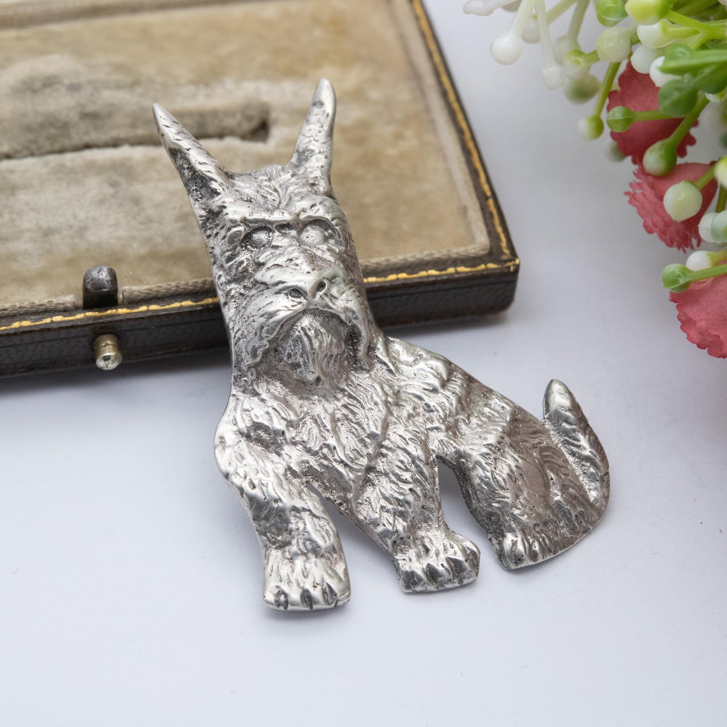 Vintage Sterling Silver Terrier Dog Brooch - Textured Fur | Scottie Dog Gift for Animal Lover