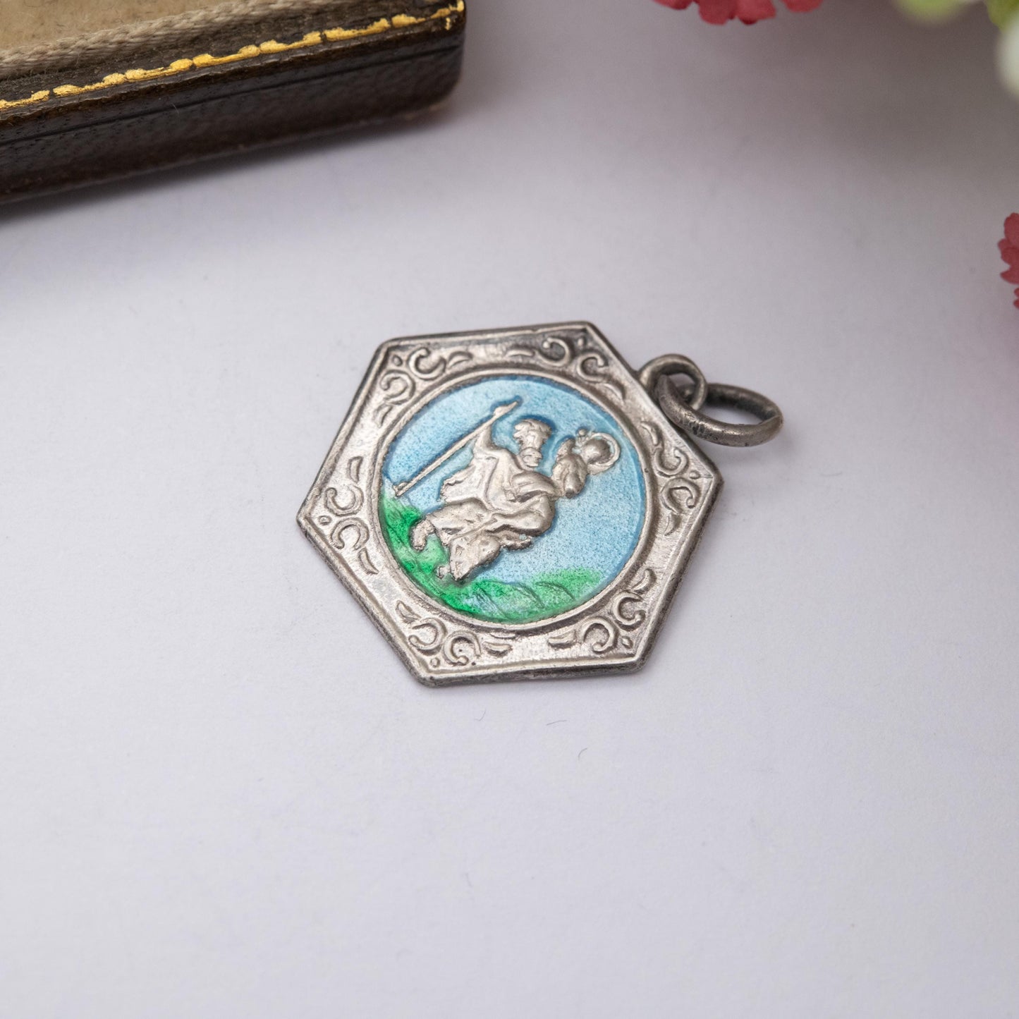 Vintage Sterling Silver Enamel St. Christopher Pendant - Hexagon Design | Saint of Travelling | Christian Religious Gift