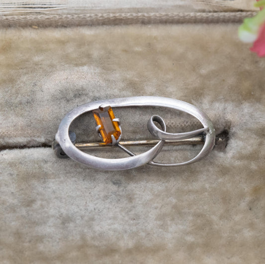 Antique Edwardian Silver Flower Brooch c. 1910 - Small Orange Gemstone | Pretty Gift for Her
