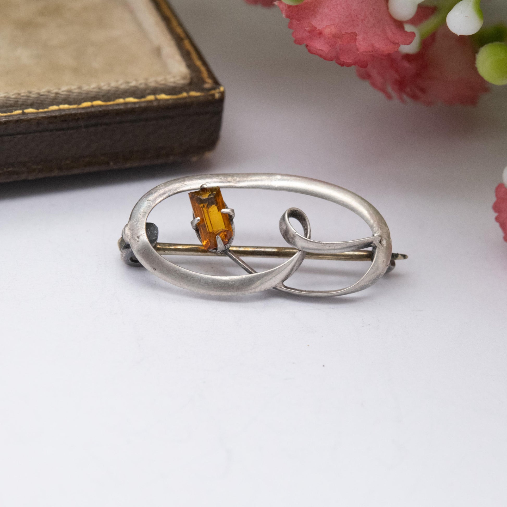 Antique Edwardian Silver Flower Brooch c. 1910 - Small Orange Gemstone | Pretty Gift for Her