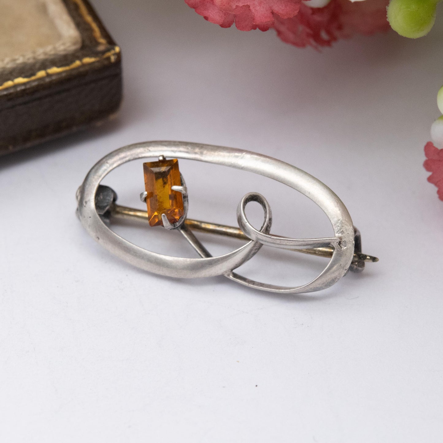 Antique Edwardian Silver Flower Brooch c. 1910 - Small Orange Gemstone | Pretty Gift for Her