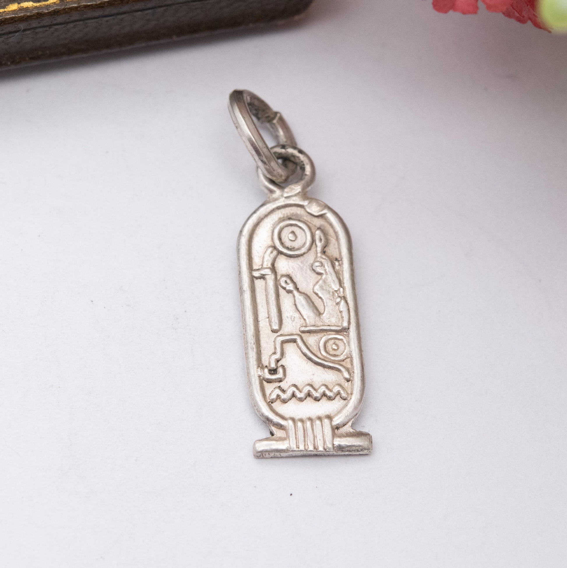 Vintage Silver Egyptian Cartouche Pendant with Hieroglyphs - Raised Relief Design Ancient Egypt Symbols