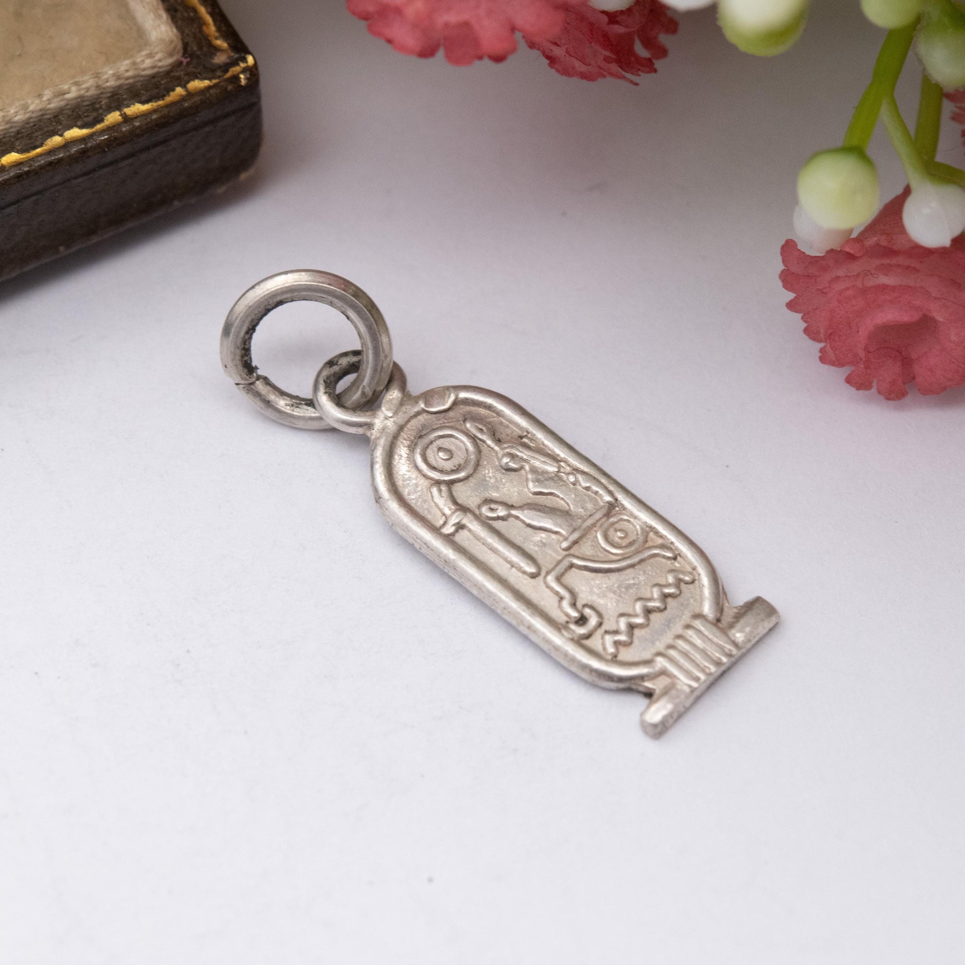 Vintage Silver Egyptian Cartouche Pendant with Hieroglyphs - Raised Relief Design Ancient Egypt Symbols