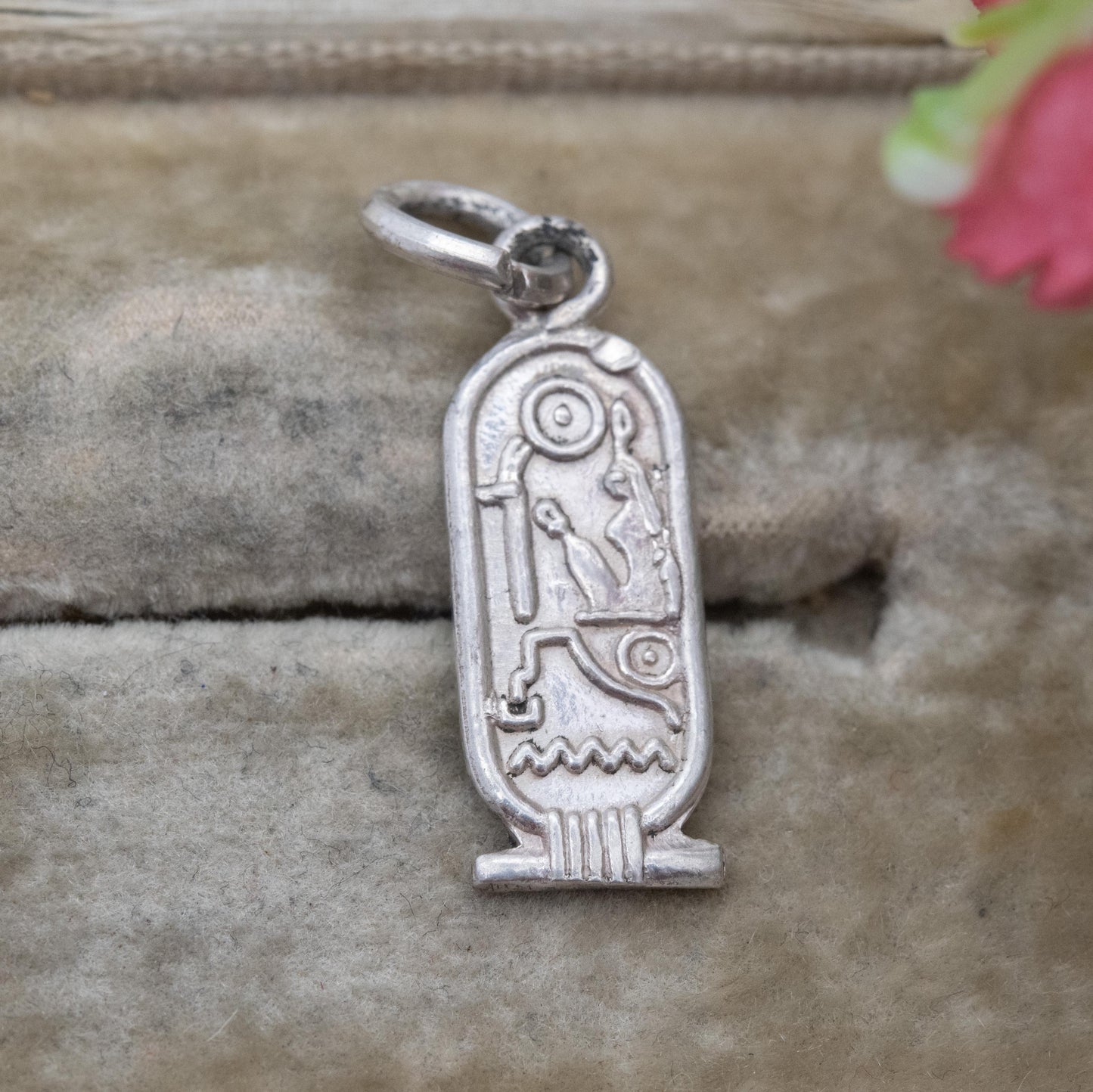 Vintage Silver Egyptian Cartouche Pendant with Hieroglyphs - Raised Relief Design Ancient Egypt Symbols