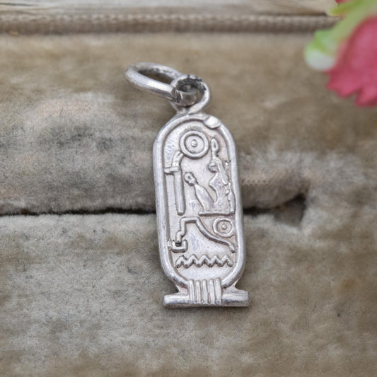 Vintage Silver Egyptian Cartouche Pendant with Hieroglyphs - Raised Relief Design Ancient Egypt Symbols