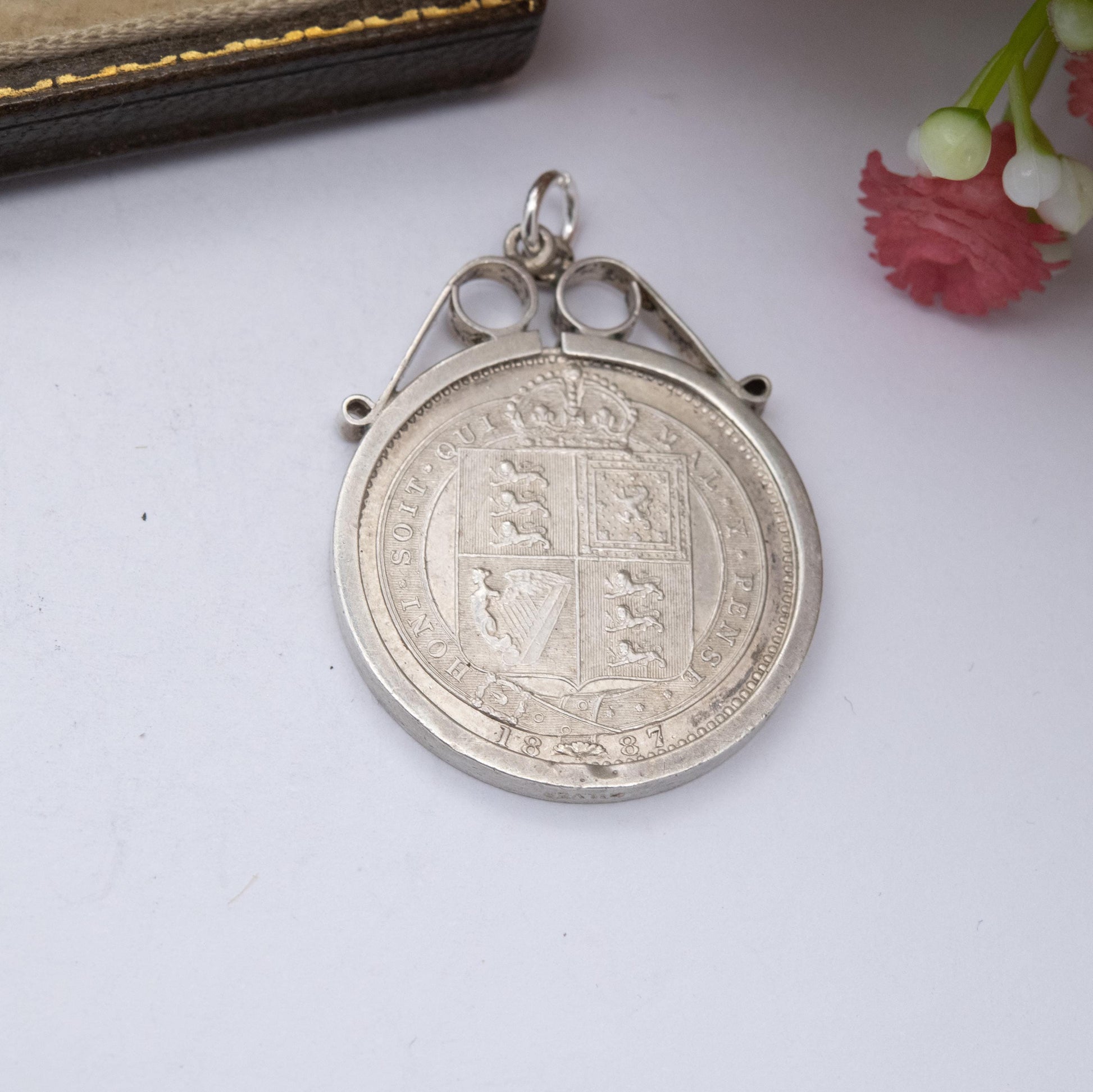 Antique 1887 Victoria Shilling Coin Charm Pendant - Openwork Scrolling Mount | Jubilee Head | Collectable Pendant