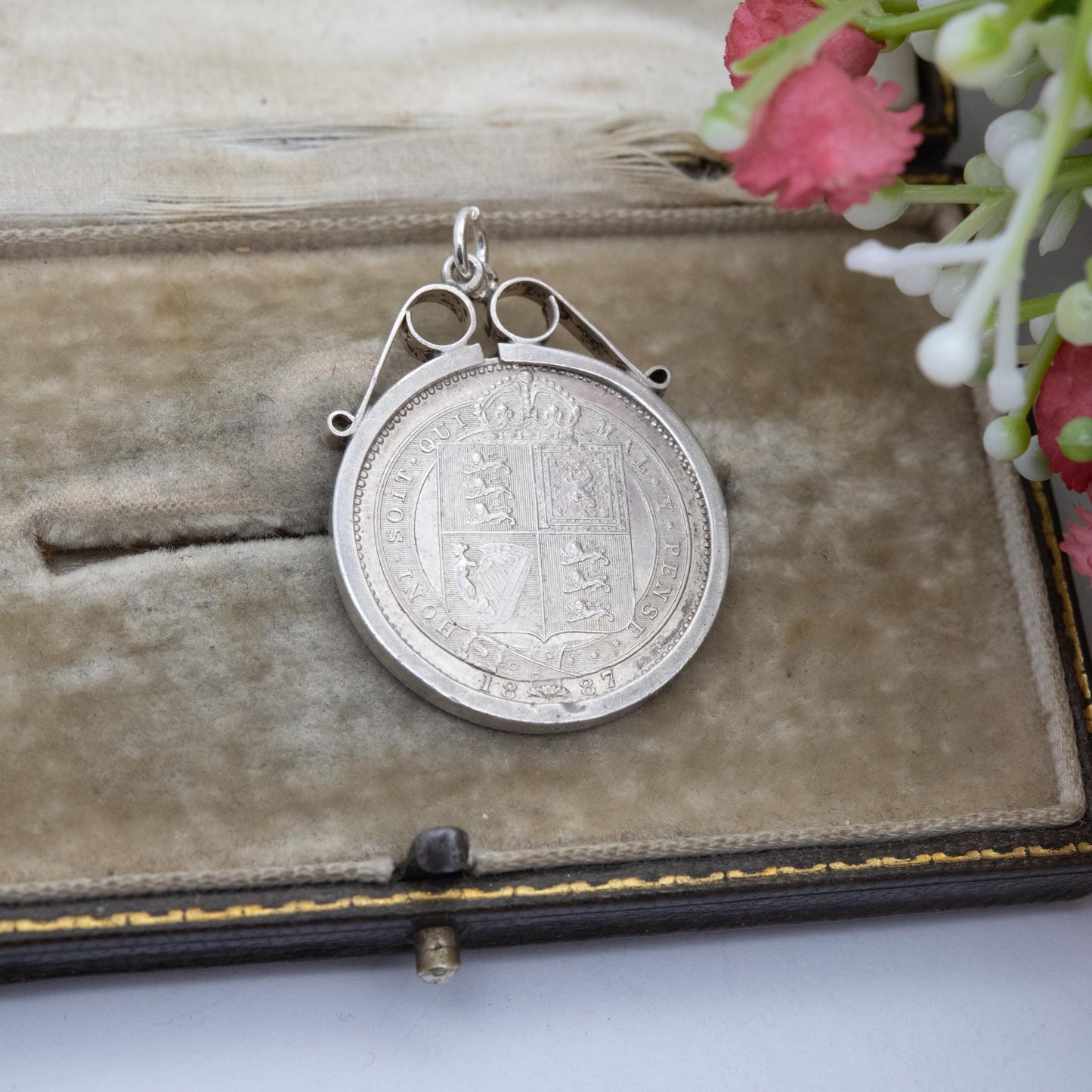 Antique 1887 Victoria Shilling Coin Charm Pendant - Openwork Scrolling Mount | Jubilee Head | Collectable Pendant