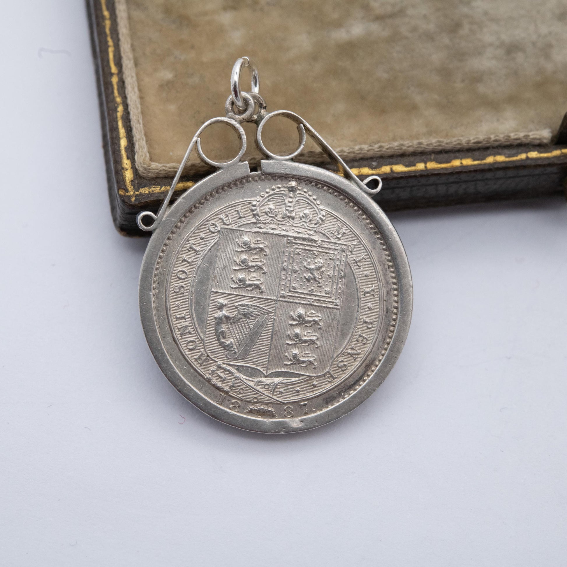 Antique 1887 Victoria Shilling Coin Charm Pendant - Openwork Scrolling Mount | Jubilee Head | Collectable Pendant