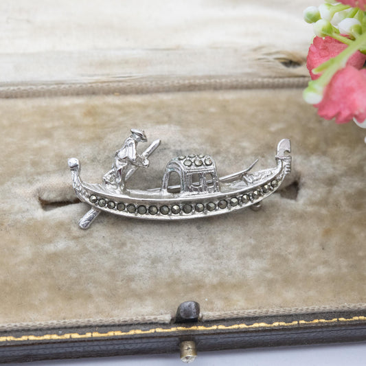 Vintage European Silver Marcasite Gondola and Gondolier Brooch - Detailed Venice Souvenir | Italian Travel Gift