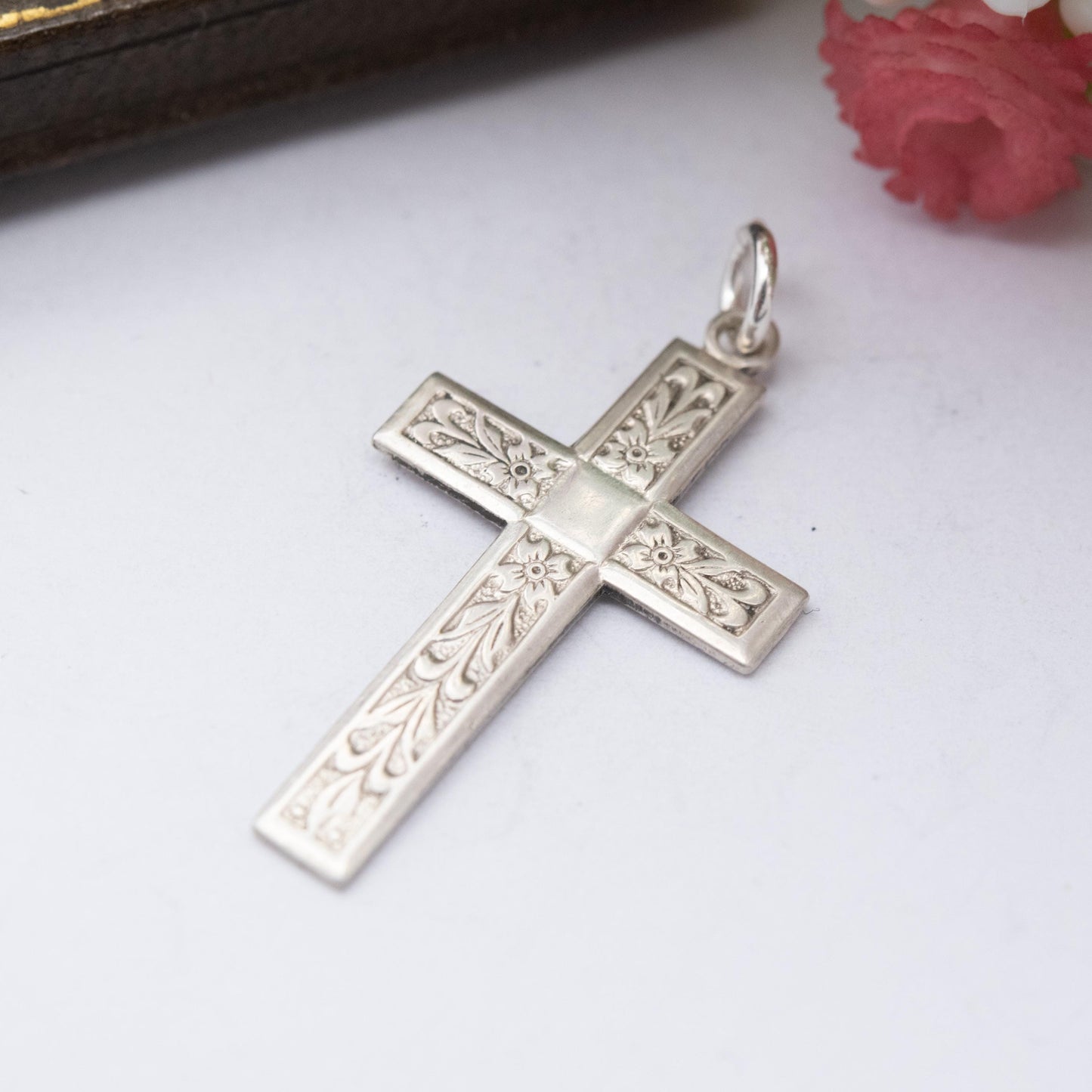 Vintage Sterling Silver Floral Cross Pendant - Textured Floral Engraving | Religious Jewellery