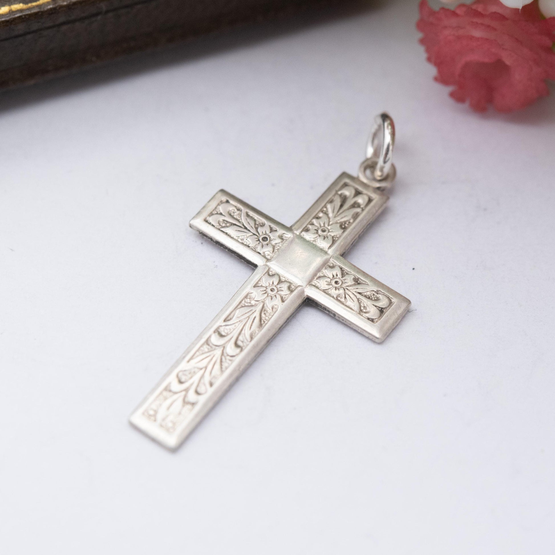 Vintage Sterling Silver Floral Cross Pendant - Textured Floral Engraving | Religious Jewellery