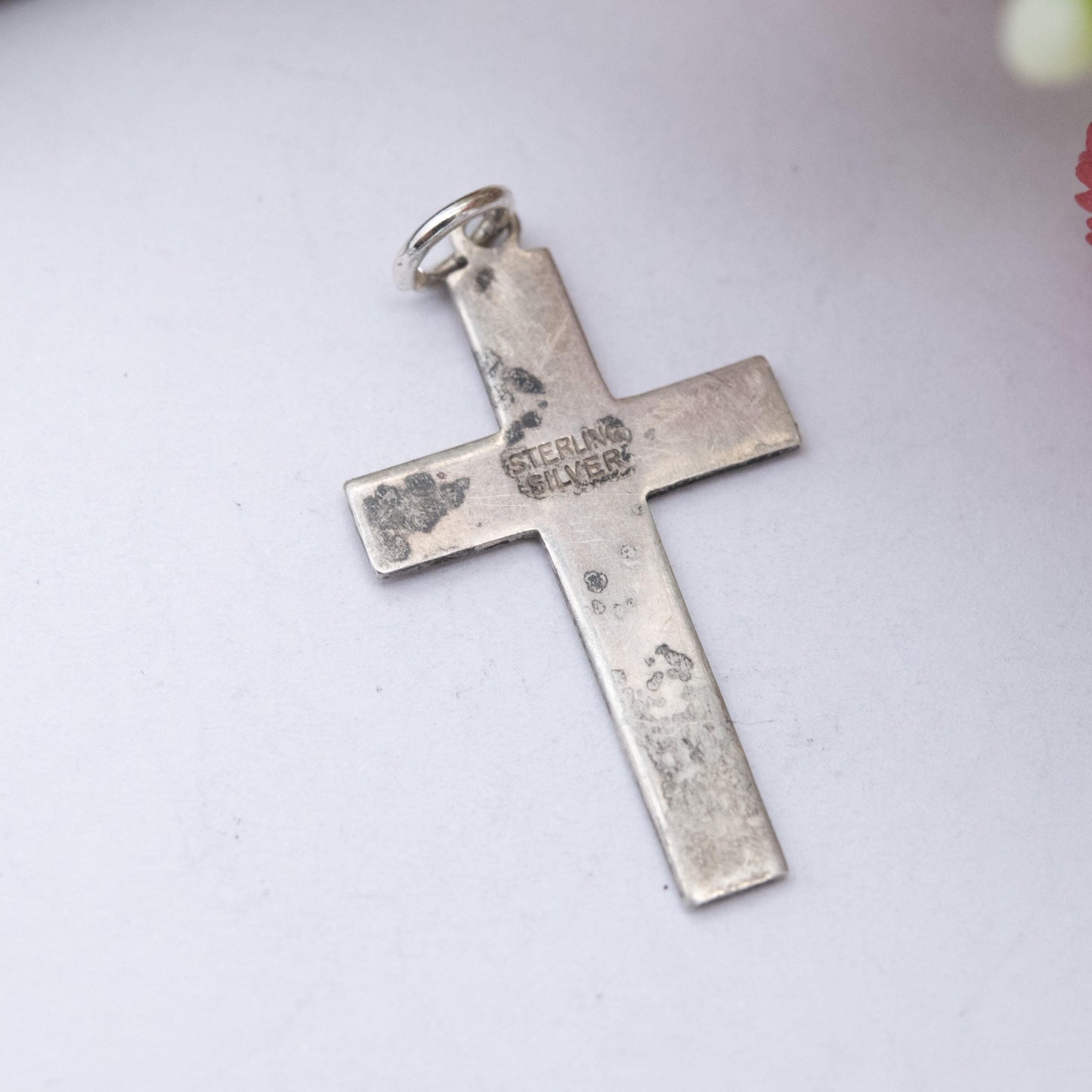 Vintage Sterling Silver Floral Cross Pendant - Textured Floral Engraving | Religious Jewellery