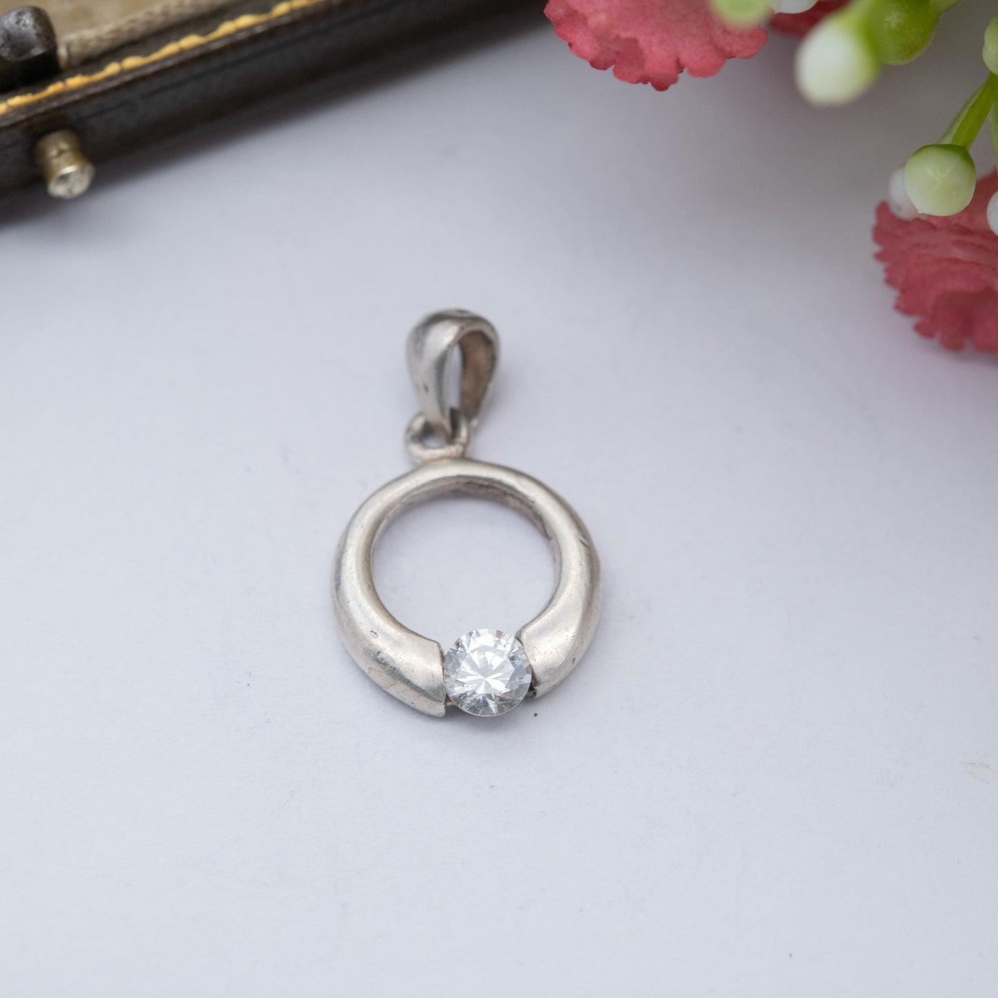 Sterling Silver CZ Hoop Pendant Charm - Minimalist Sparkly Clear Stone Jewellery | Gift for Necklace