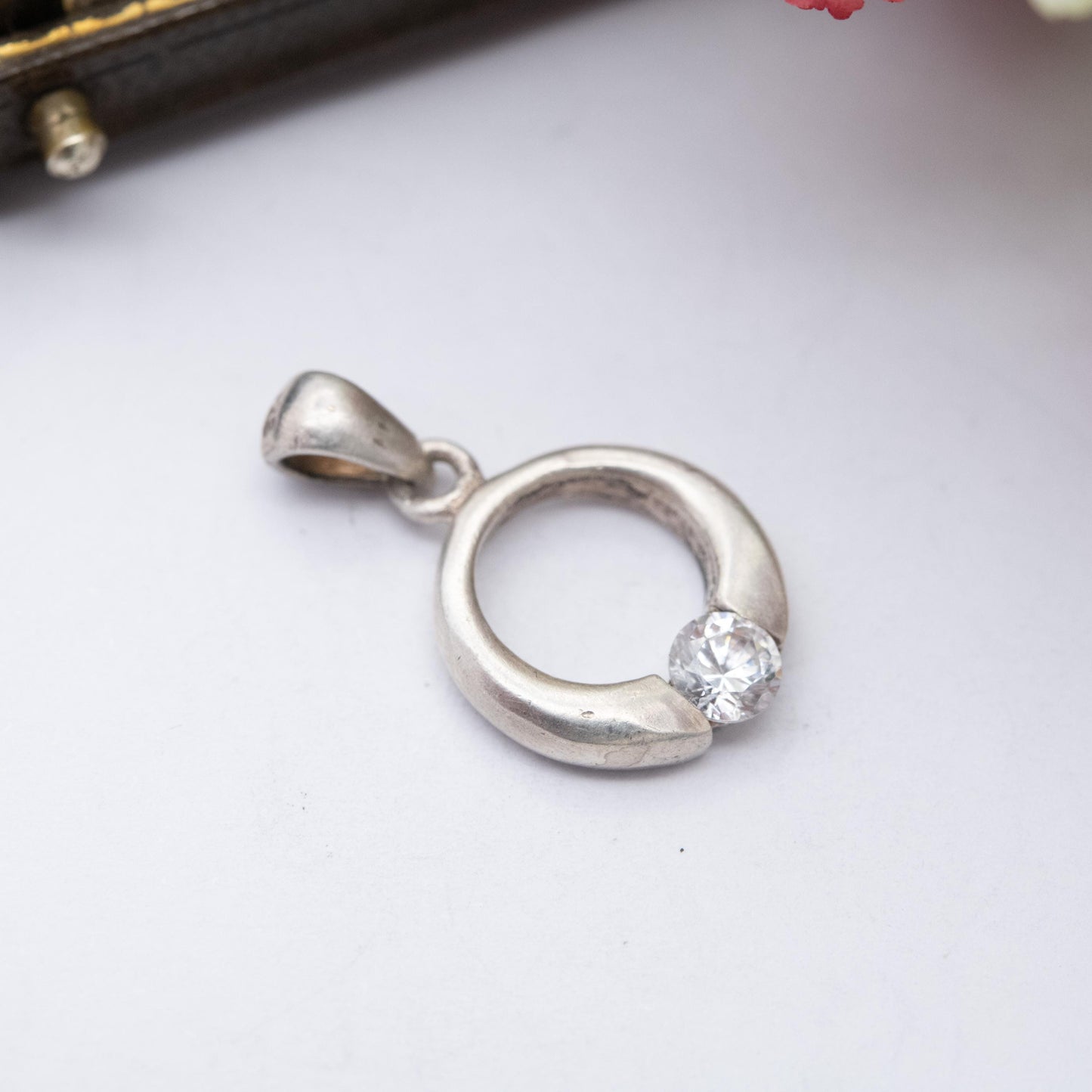 Sterling Silver CZ Hoop Pendant Charm - Minimalist Sparkly Clear Stone Jewellery | Gift for Necklace