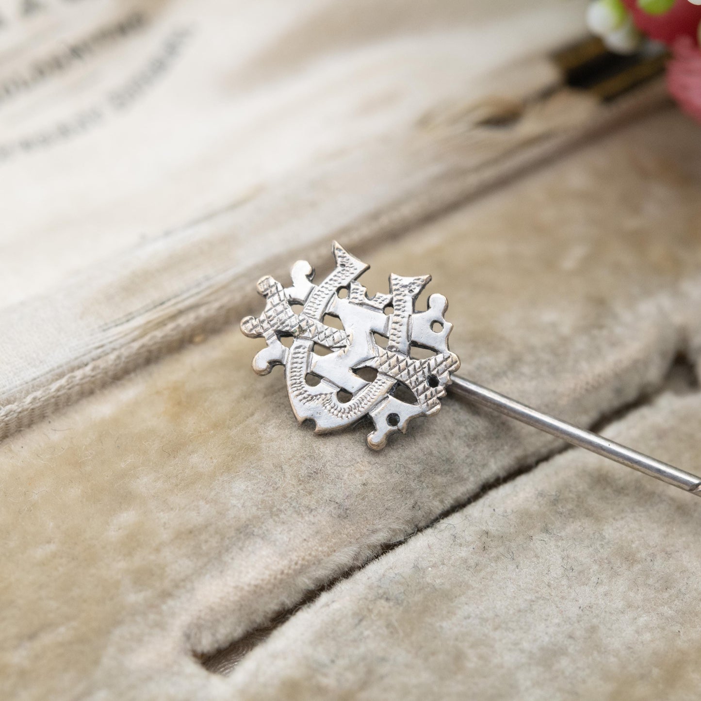 Antique Victorian Silver Monogram Brooch Tie Pin 1888 - Ornate CIM Letters Stick Pin | Gift for Him