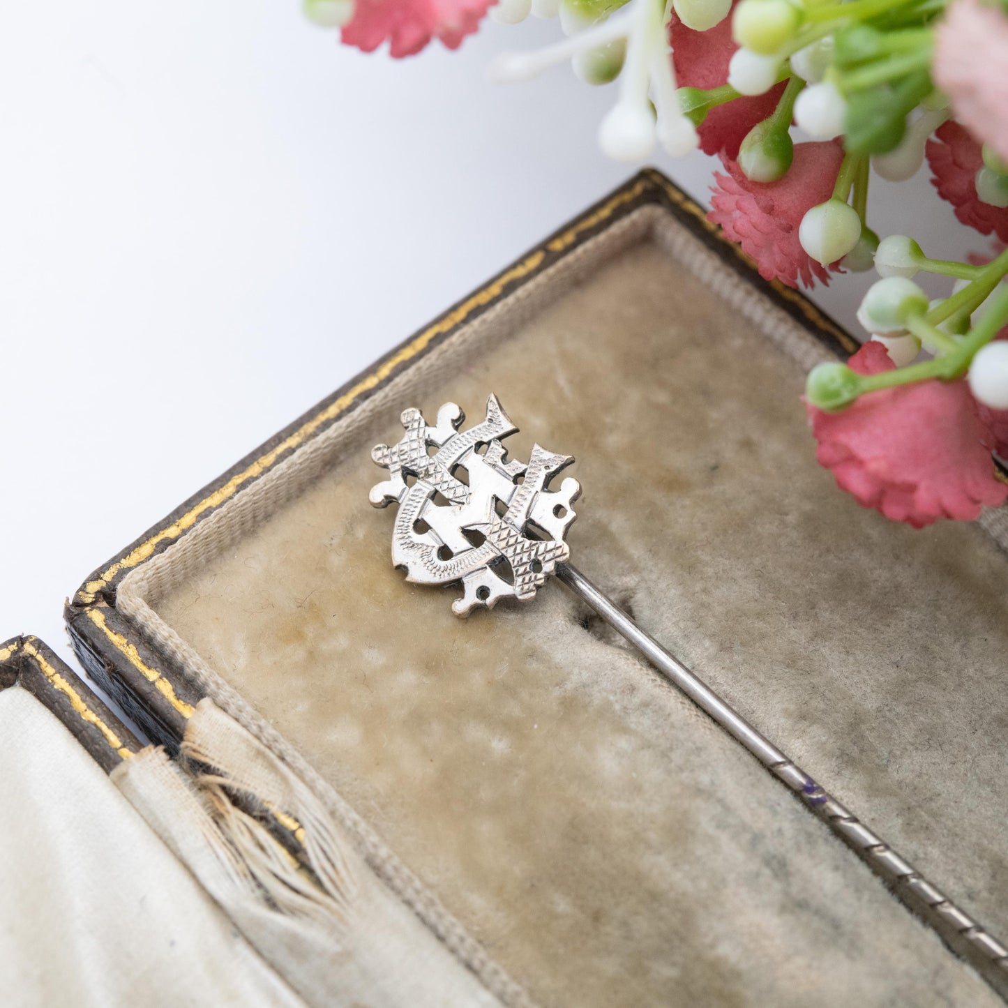 Antique Victorian Silver Monogram Brooch Tie Pin 1888 - Ornate CIM Letters Stick Pin | Gift for Him