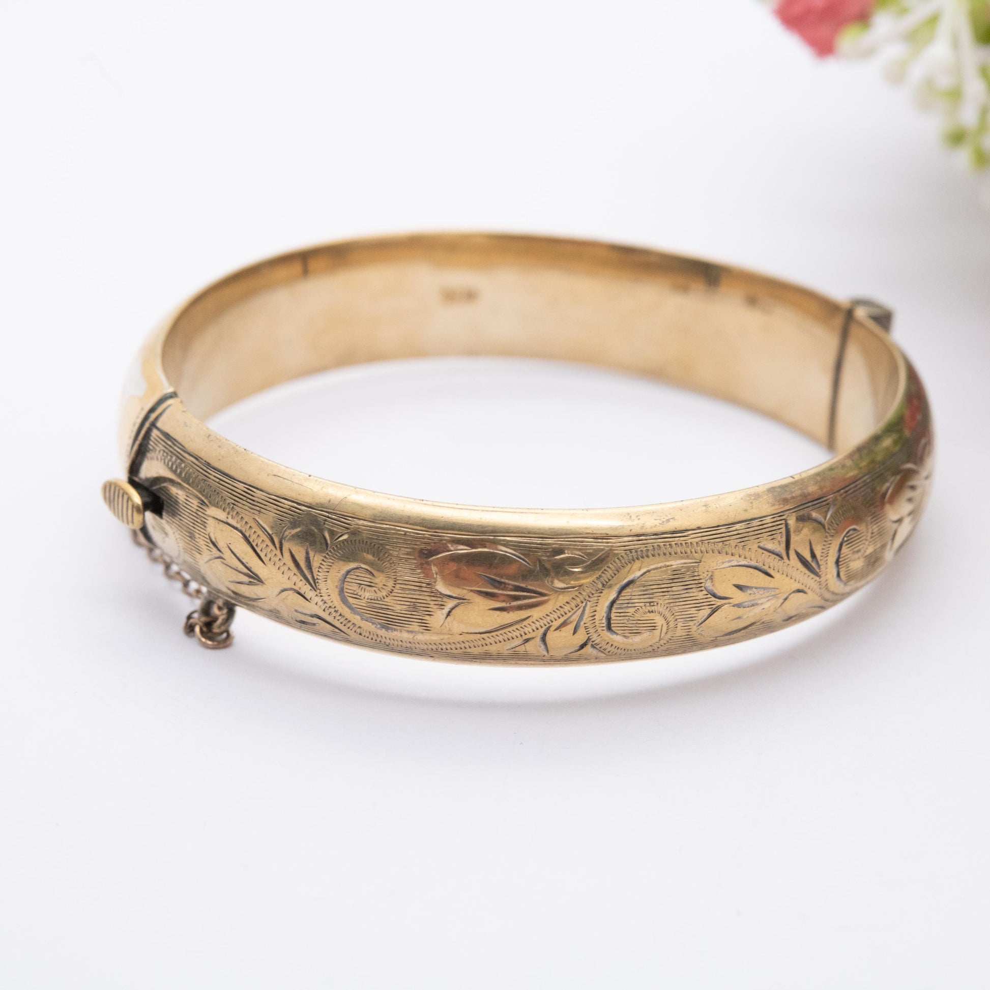 Vintage Sterling Silver Gold Plated Floral Bangle Bracelet 1966 - Chunky Victorian Aesthetic Scrolling Style