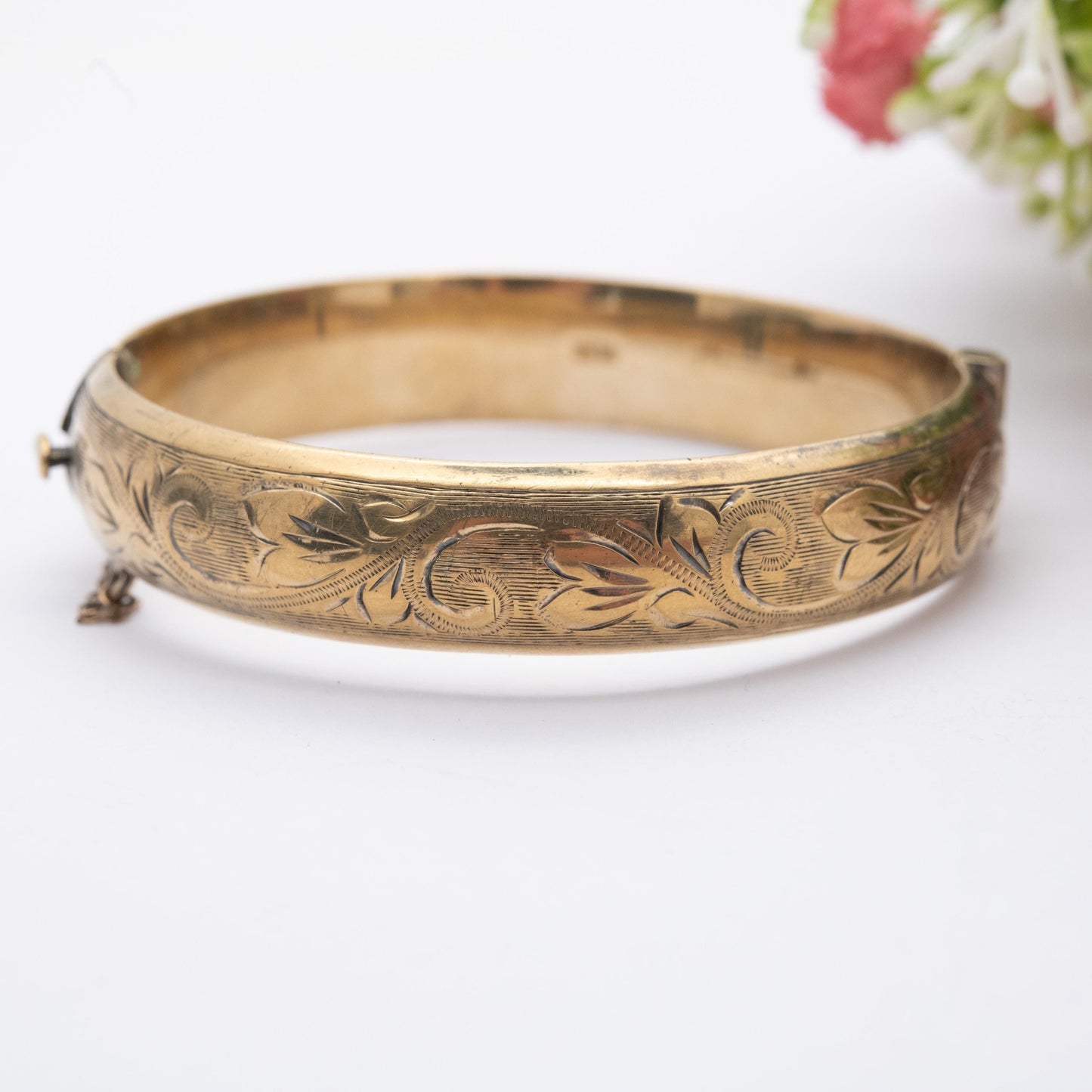 Vintage Sterling Silver Gold Plated Floral Bangle Bracelet 1966 - Chunky Victorian Aesthetic Scrolling Style