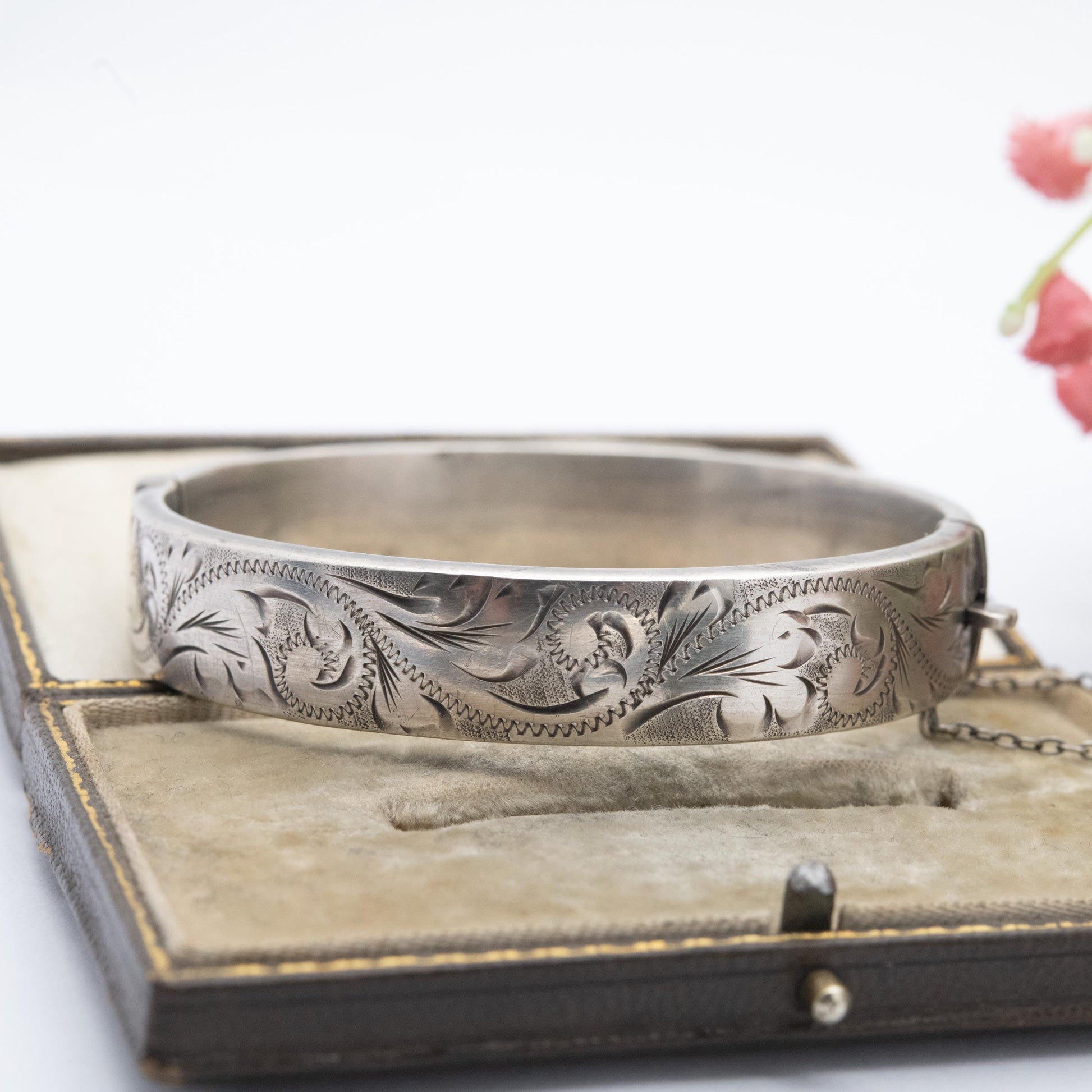 Vintage Sterling Silver Floral Engraved Bangle Bracelet 1976 - Chunky Victorian Aesthetic Scrolling Style with Safety Chain
