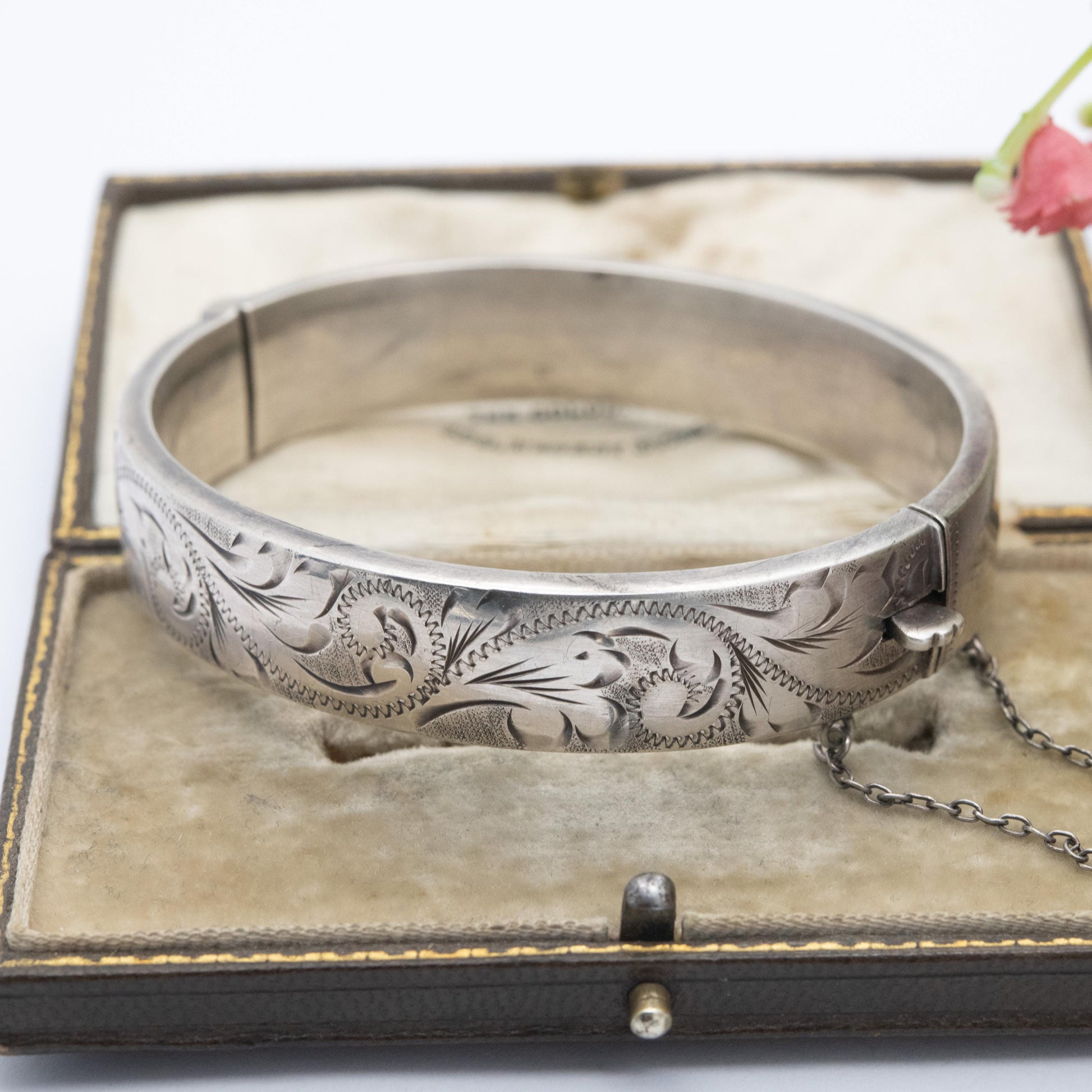 Vintage Sterling Silver Floral Engraved Bangle Bracelet 1976 - Chunky Victorian Aesthetic Scrolling Style with Safety Chain