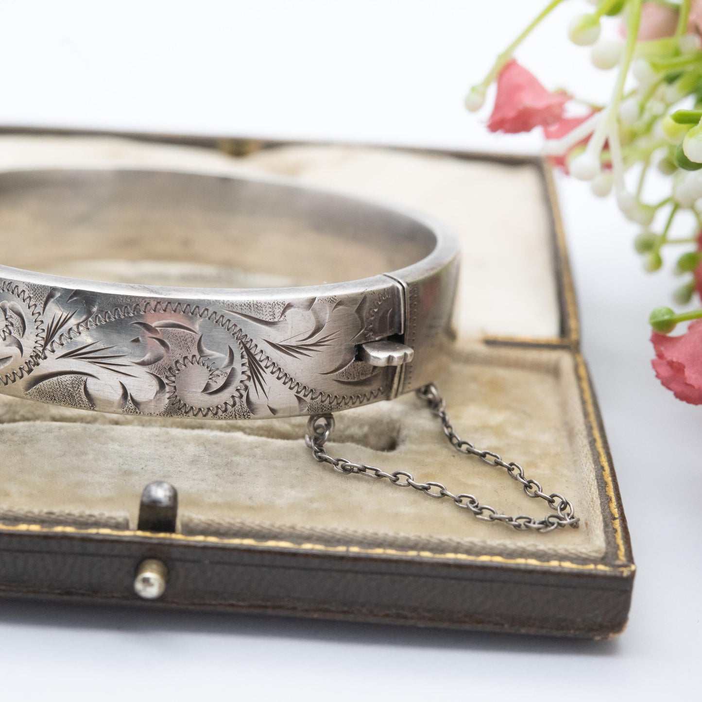 Vintage Sterling Silver Floral Engraved Bangle Bracelet 1976 - Chunky Victorian Aesthetic Scrolling Style with Safety Chain