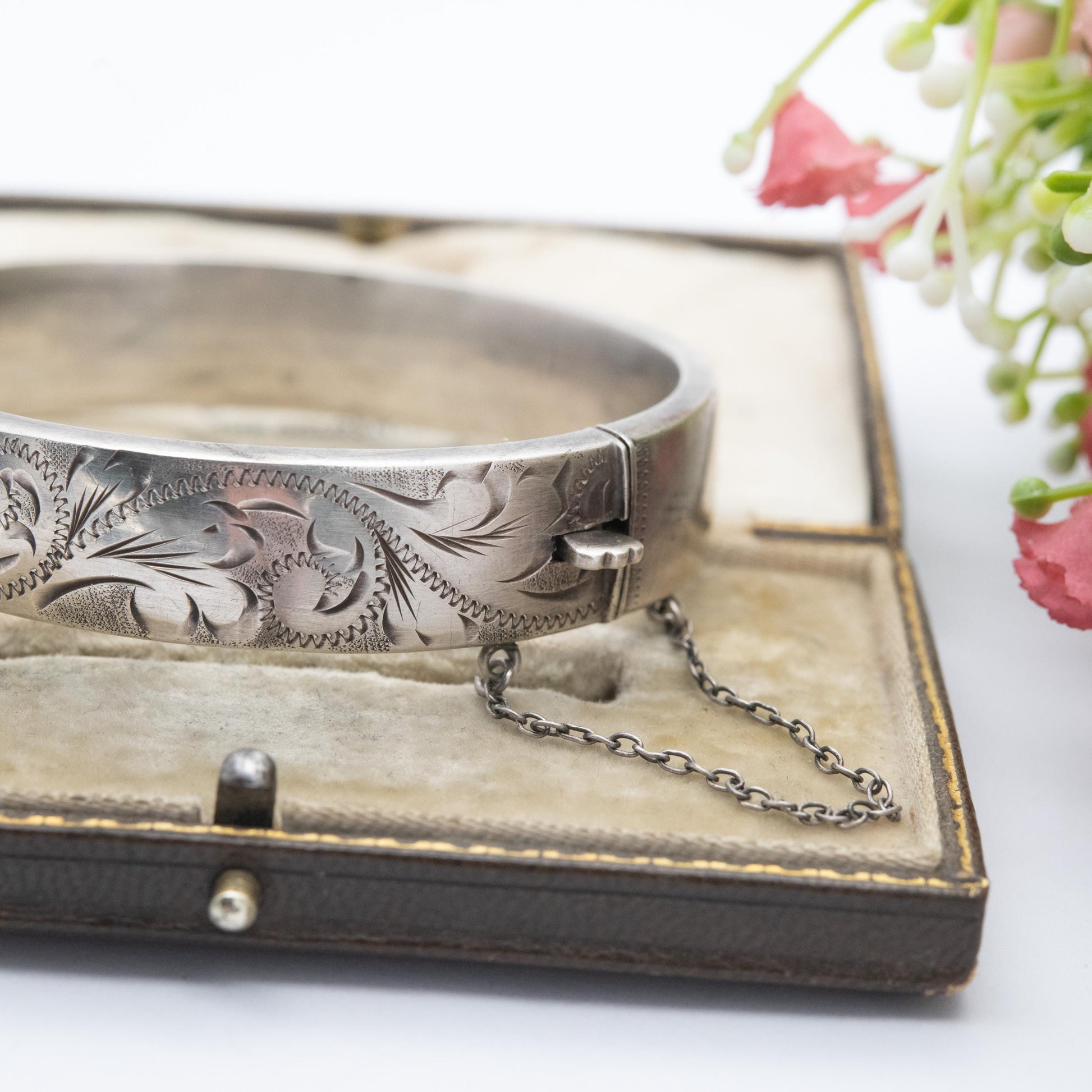 Vintage Sterling Silver Floral Engraved Bangle Bracelet 1976 - Chunky Victorian Aesthetic Scrolling Style with Safety Chain