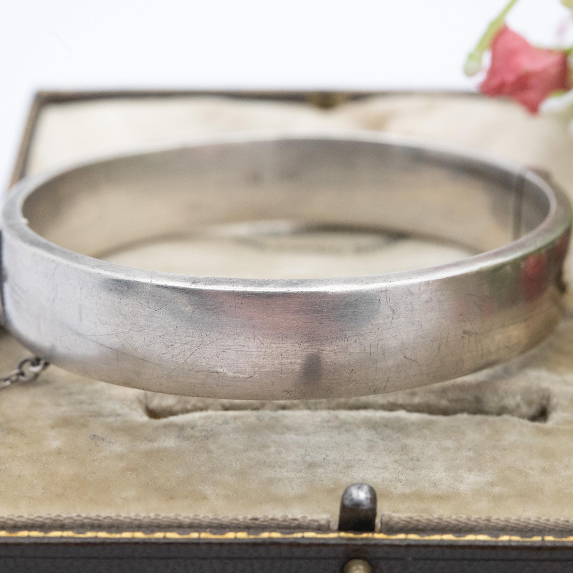 Vintage Sterling Silver Floral Engraved Bangle Bracelet 1976 - Chunky Victorian Aesthetic Scrolling Style with Safety Chain