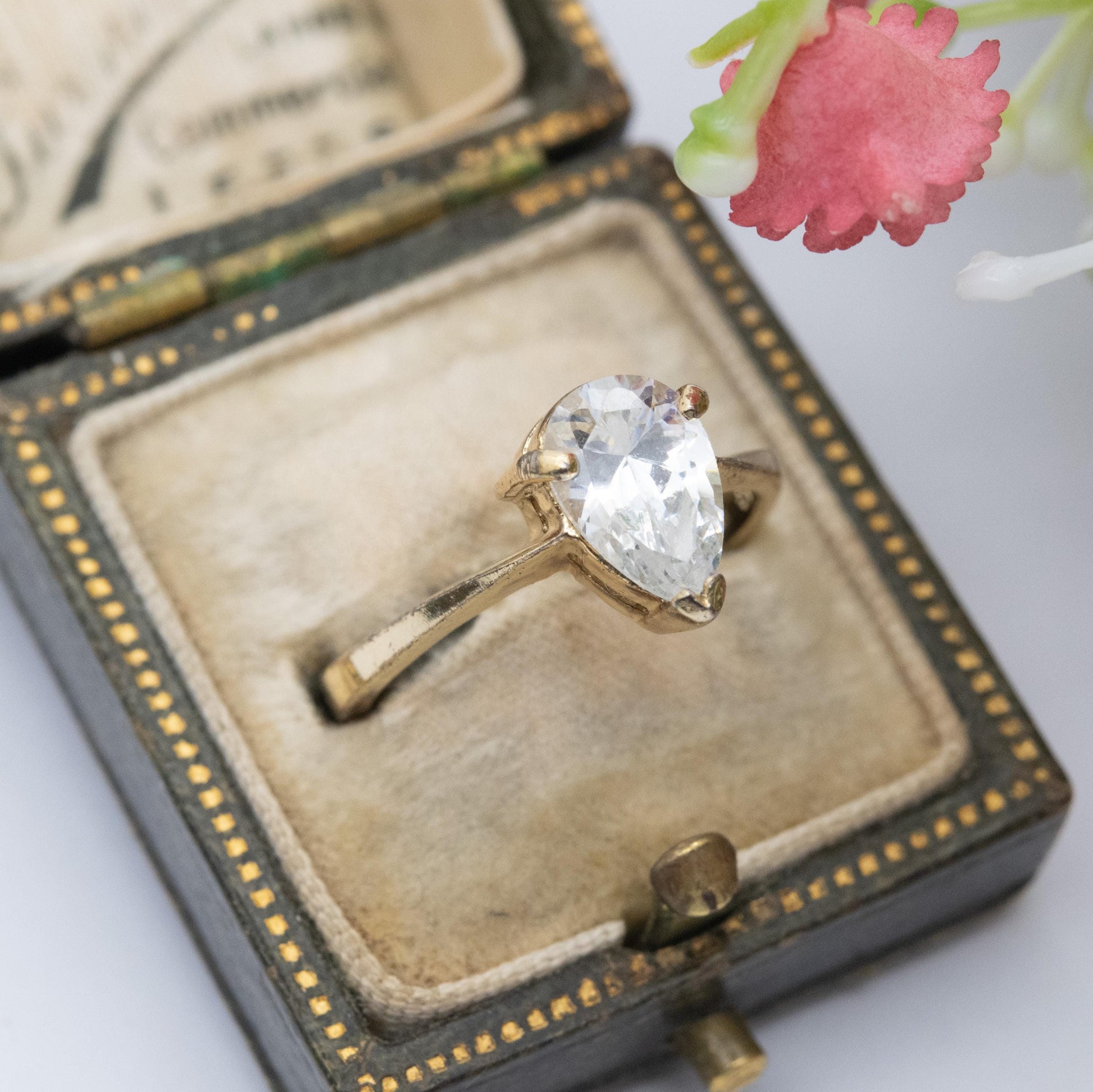 Gold Plated Sterling Silver CZ Solitaire Ring Adjustable Size - Large Pear Cut White Stone Placeholder Ring | UK Size - L | US Size - 5 3/4