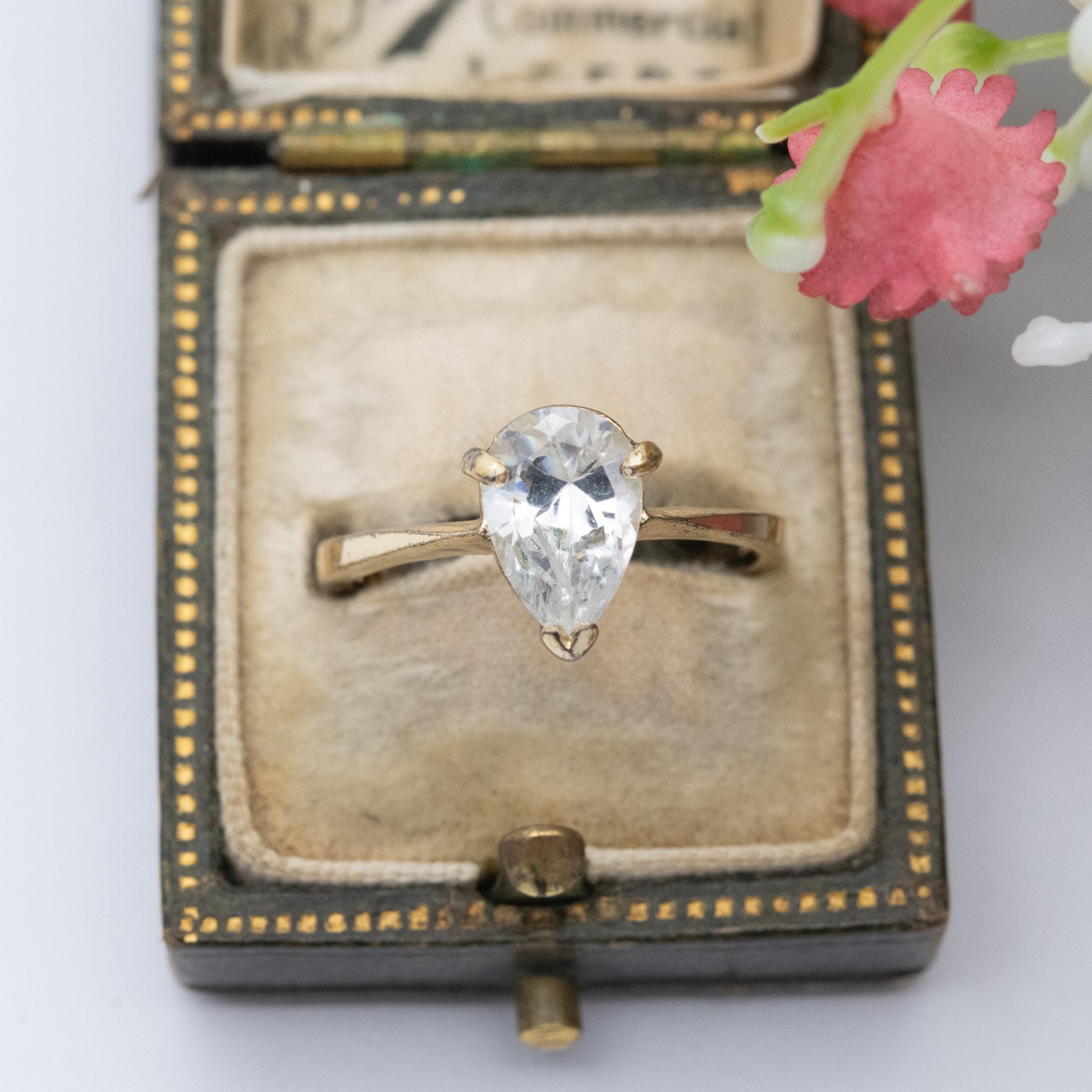 Gold Plated Sterling Silver CZ Solitaire Ring Adjustable Size - Large Pear Cut White Stone Placeholder Ring | UK Size - L | US Size - 5 3/4