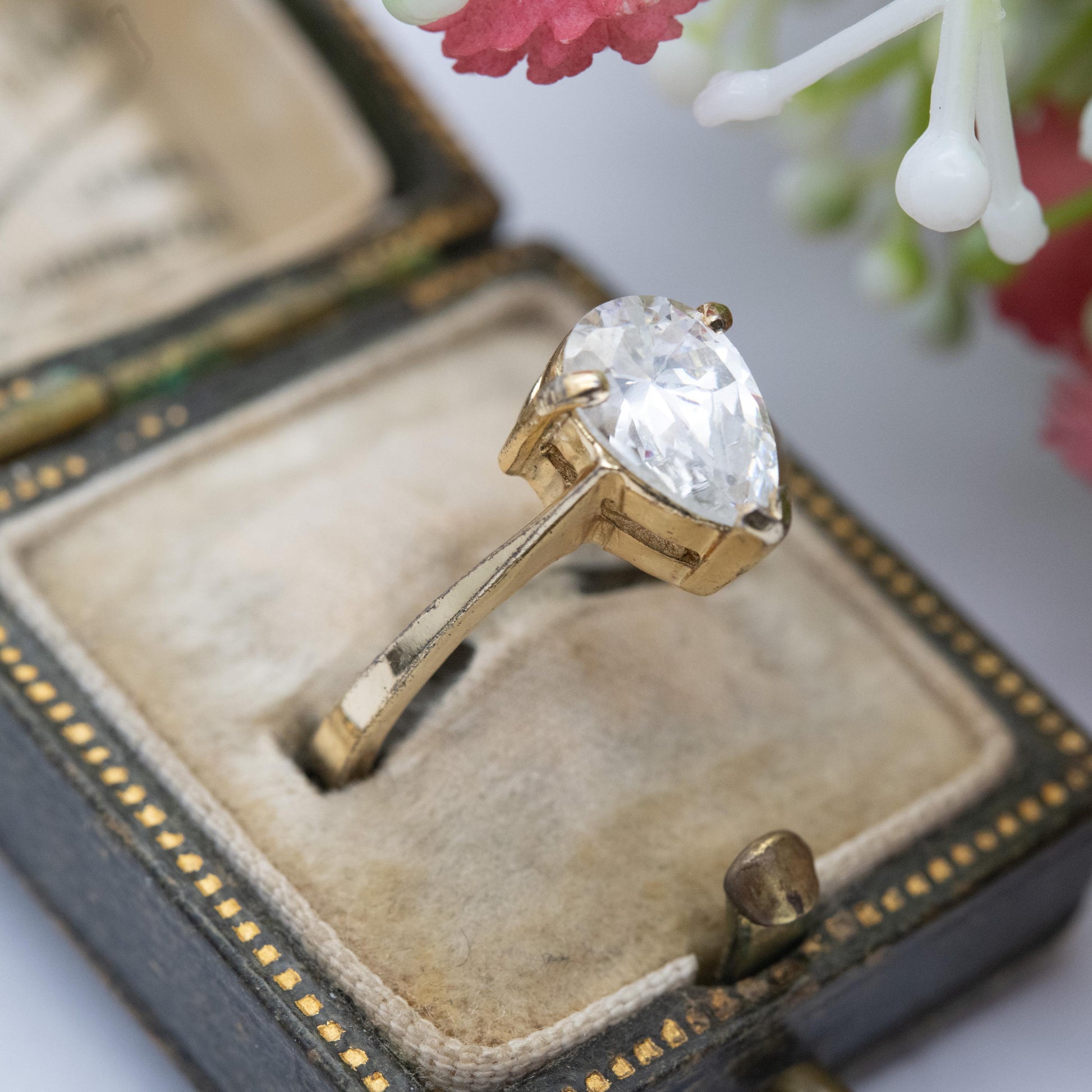 Gold Plated Sterling Silver CZ Solitaire Ring Adjustable Size - Large Pear Cut White Stone Placeholder Ring | UK Size - L | US Size - 5 3/4