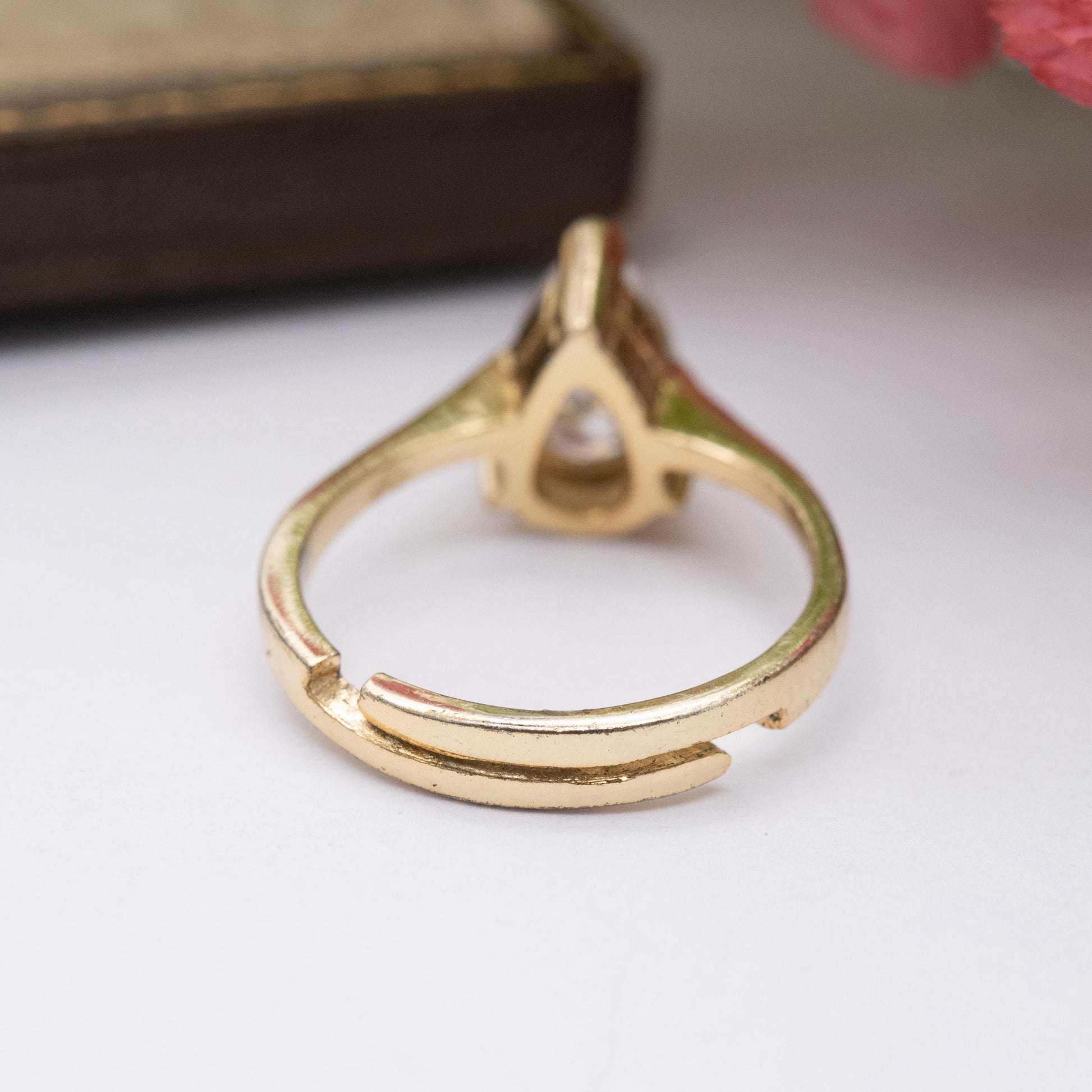 Gold Plated Sterling Silver CZ Solitaire Ring Adjustable Size - Large Pear Cut White Stone Placeholder Ring | UK Size - L | US Size - 5 3/4