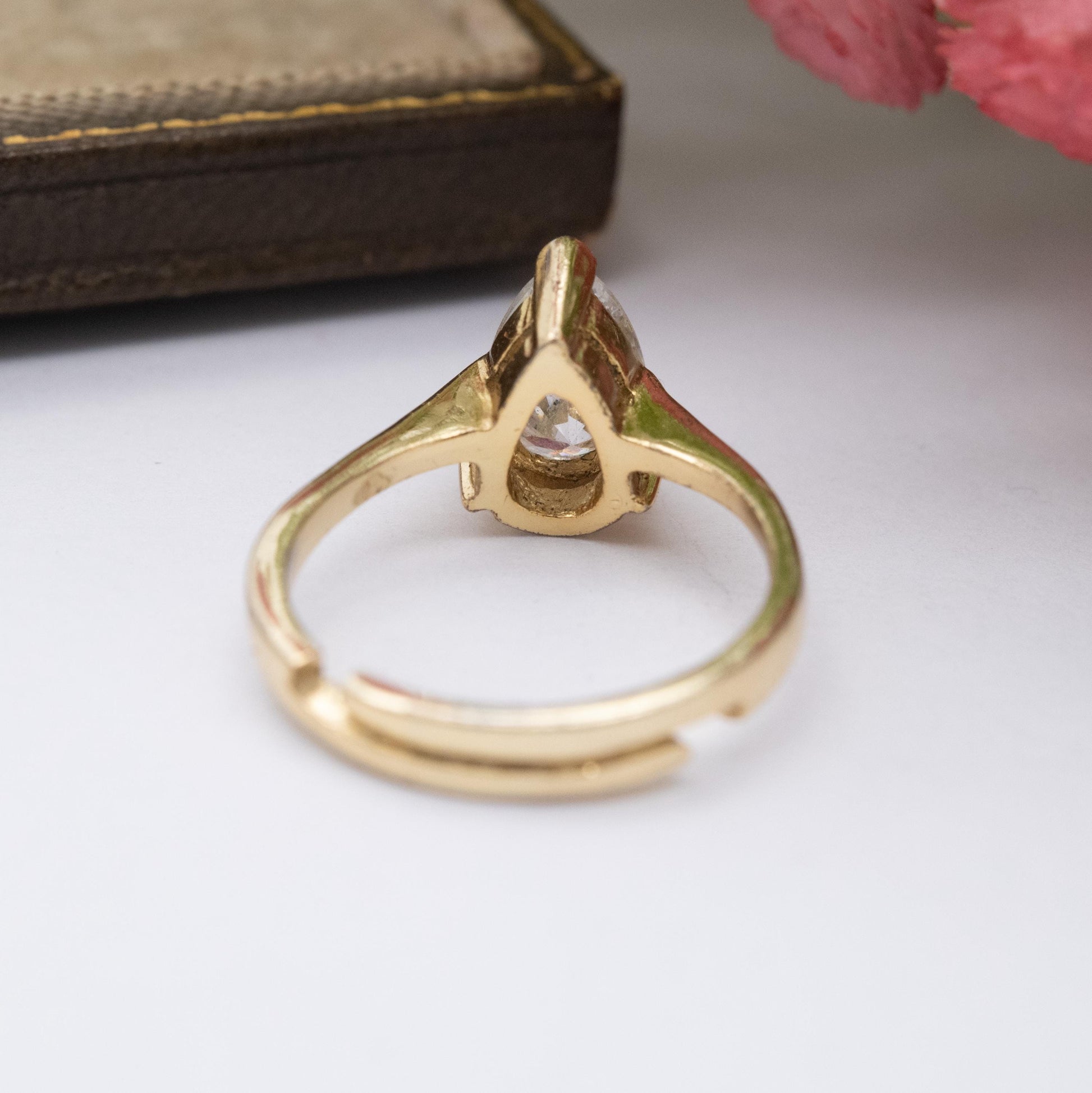 Gold Plated Sterling Silver CZ Solitaire Ring Adjustable Size - Large Pear Cut White Stone Placeholder Ring | UK Size - L | US Size - 5 3/4
