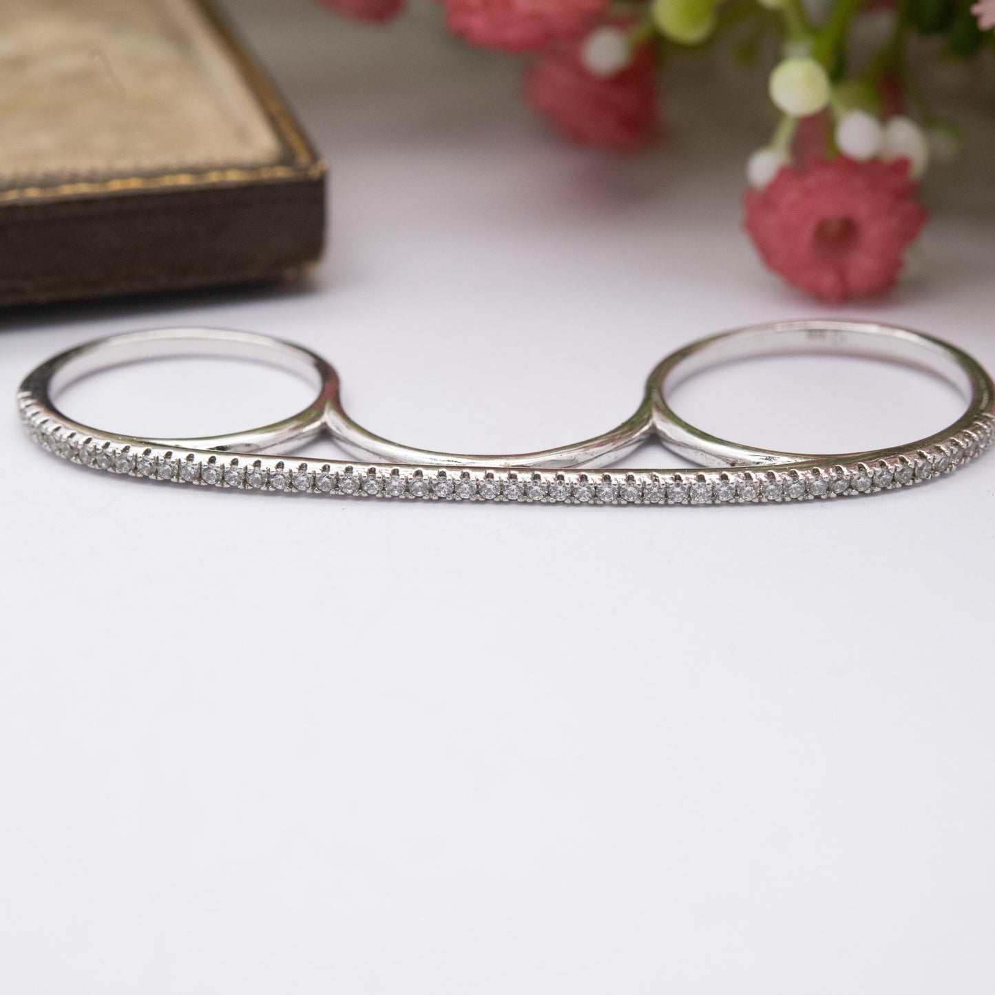 Sterling Silver Three Fingers Ring - Pavé Set Clear Stone Bar Ring | UK Size - K to P | US Size - 5 to 8
