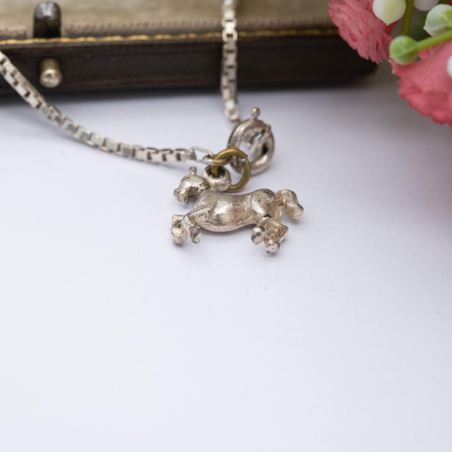 Vintage Italian Sterling Silver Bracelet with Horse Charm - Box Link Chain