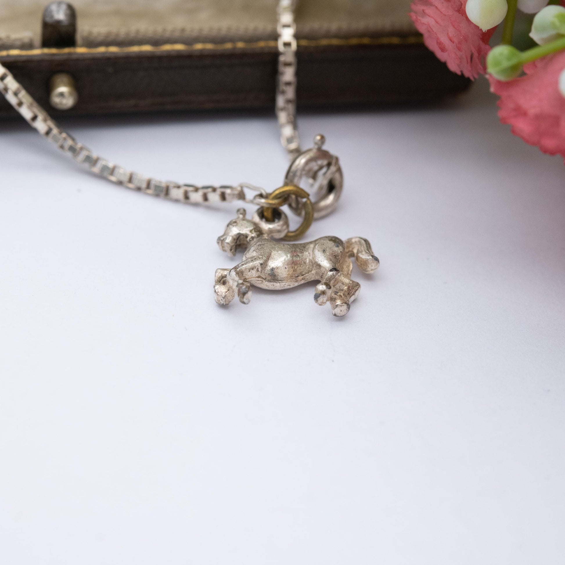 Vintage Italian Sterling Silver Bracelet with Horse Charm - Box Link Chain