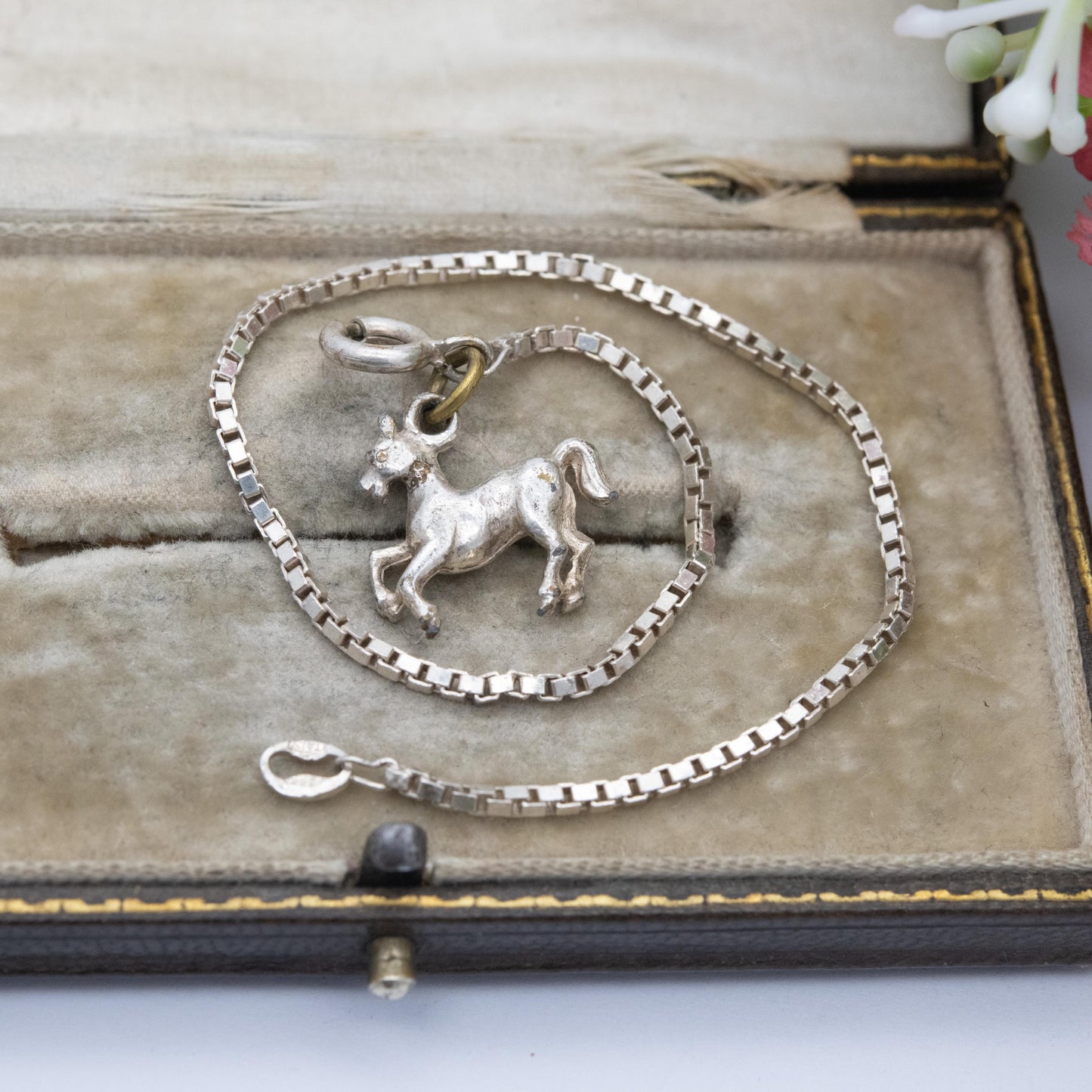 Vintage Italian Sterling Silver Bracelet with Horse Charm - Box Link Chain