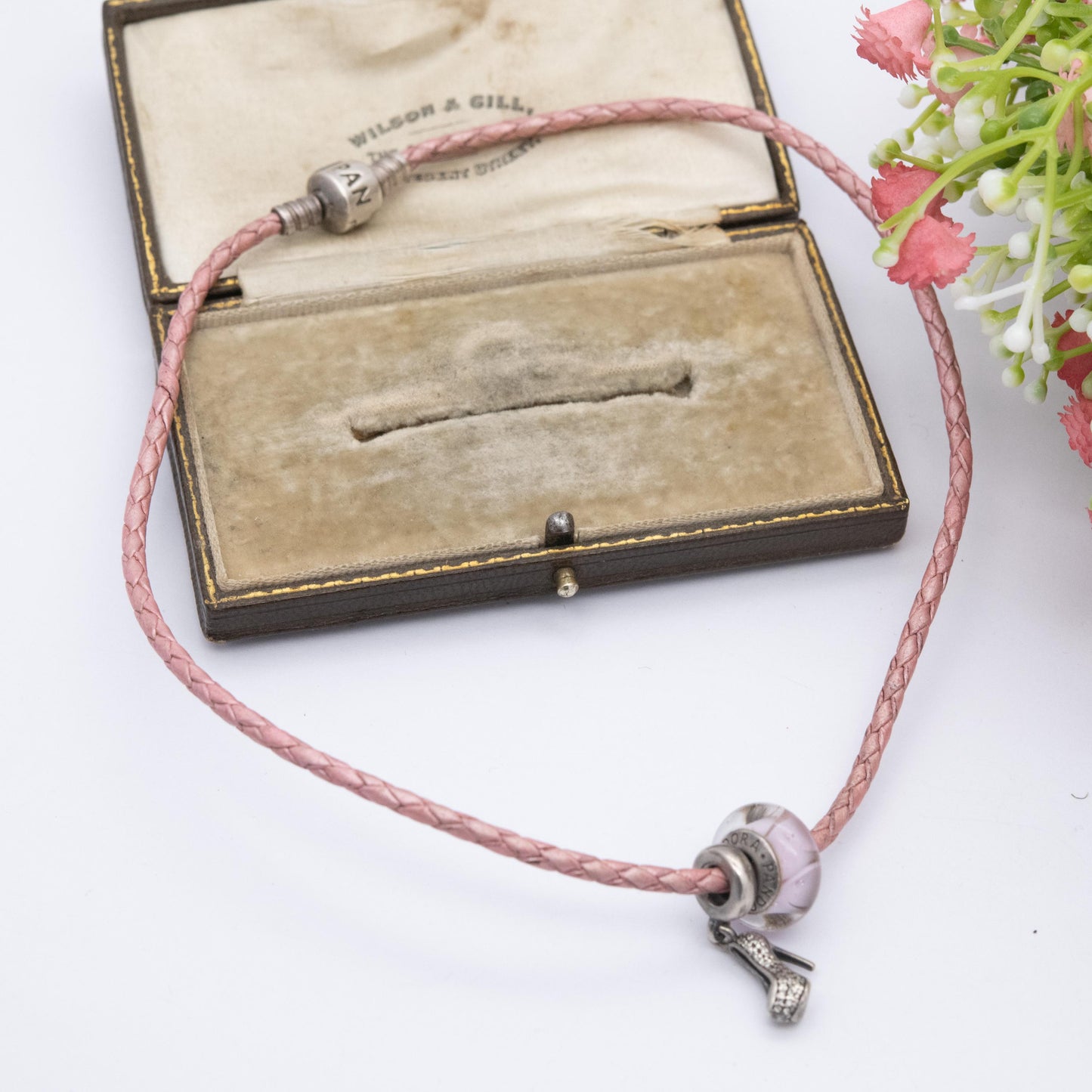 Pandora Sterling Silver Pink Leather Double Charm Bracelet with 2 Charms - 925 ALE Glass Bead | Branded Bracelet for Pandora Charms