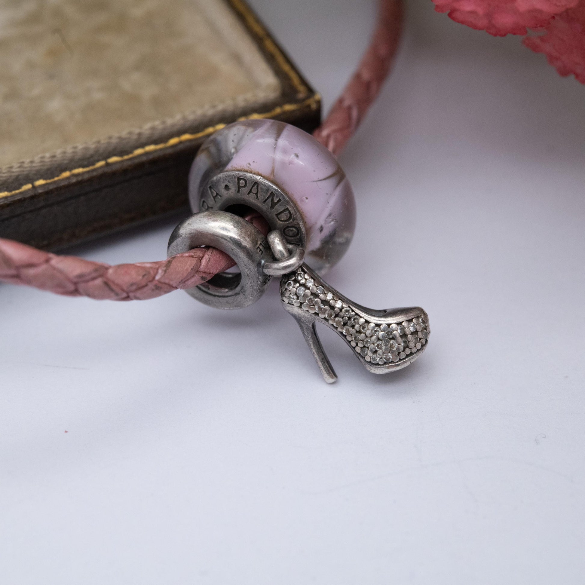 Pandora Sterling Silver Pink Leather Double Charm Bracelet with 2 Charms - 925 ALE Glass Bead | Branded Bracelet for Pandora Charms