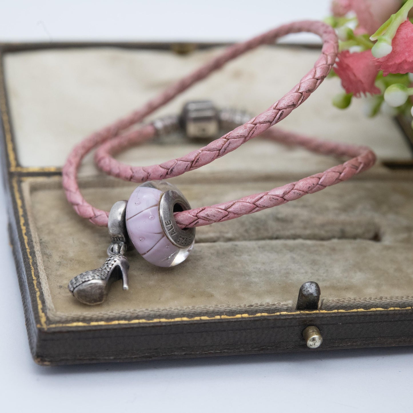 Pandora Sterling Silver Pink Leather Double Charm Bracelet with 2 Charms - 925 ALE Glass Bead | Branded Bracelet for Pandora Charms